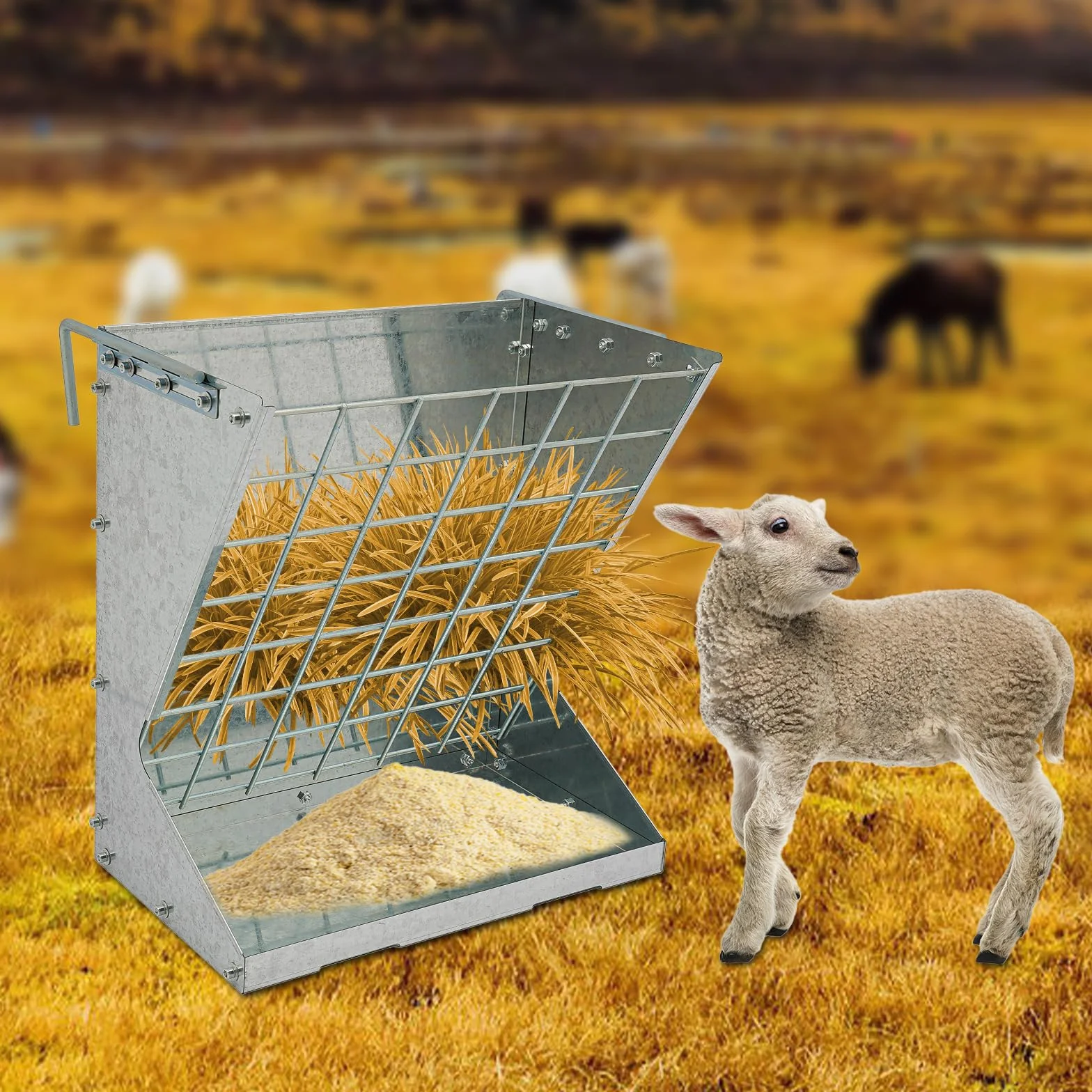 Comedero para heno 56,61 x 33,27 x 59,94 cm 2 en 1 de acero inoxidable para cabras, caballos, ovejas, conejos, vacas