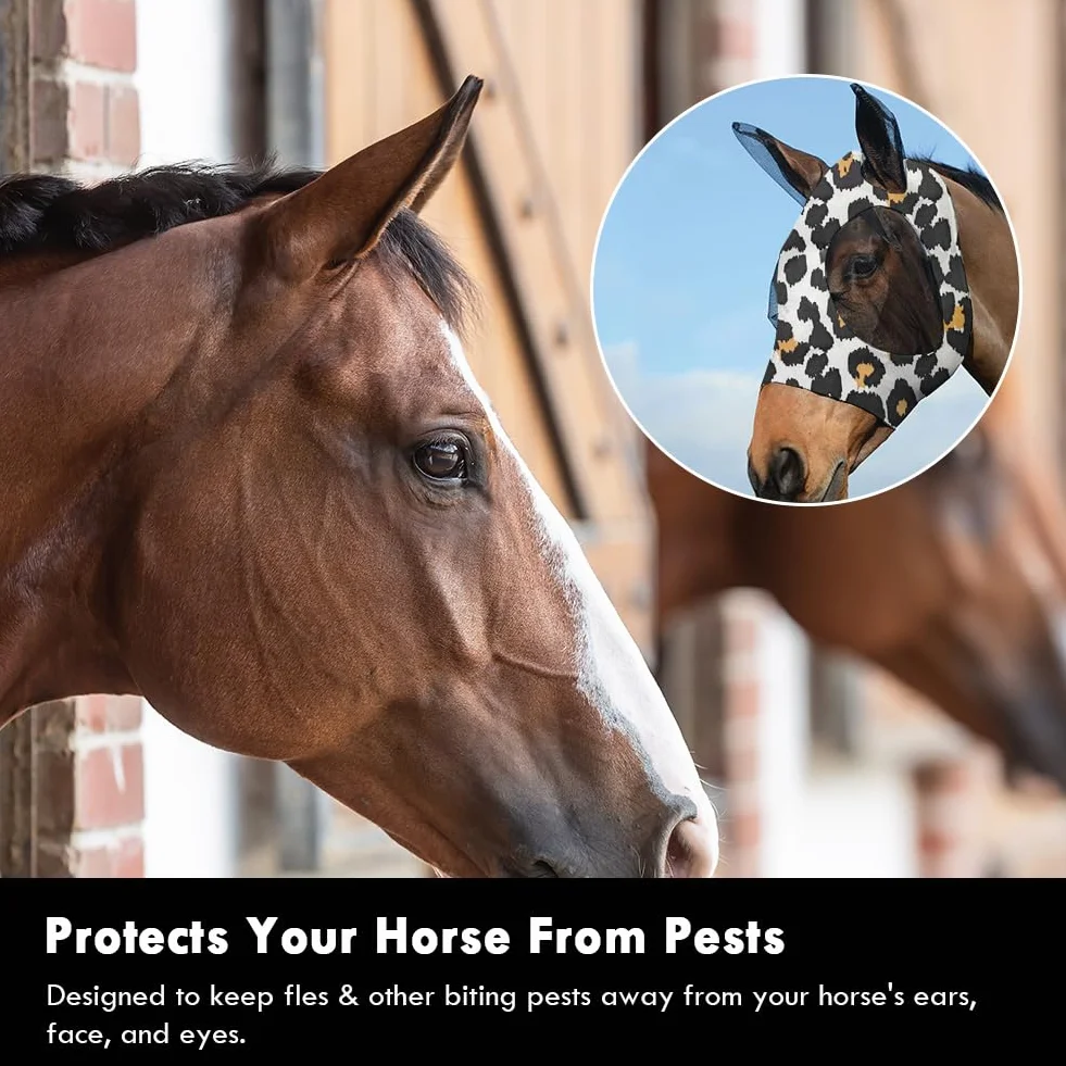 Máscara Antimoscas para Caballos con Orejeras, Estampado de Leopardo, Anti-UV, Malla Transpirable
