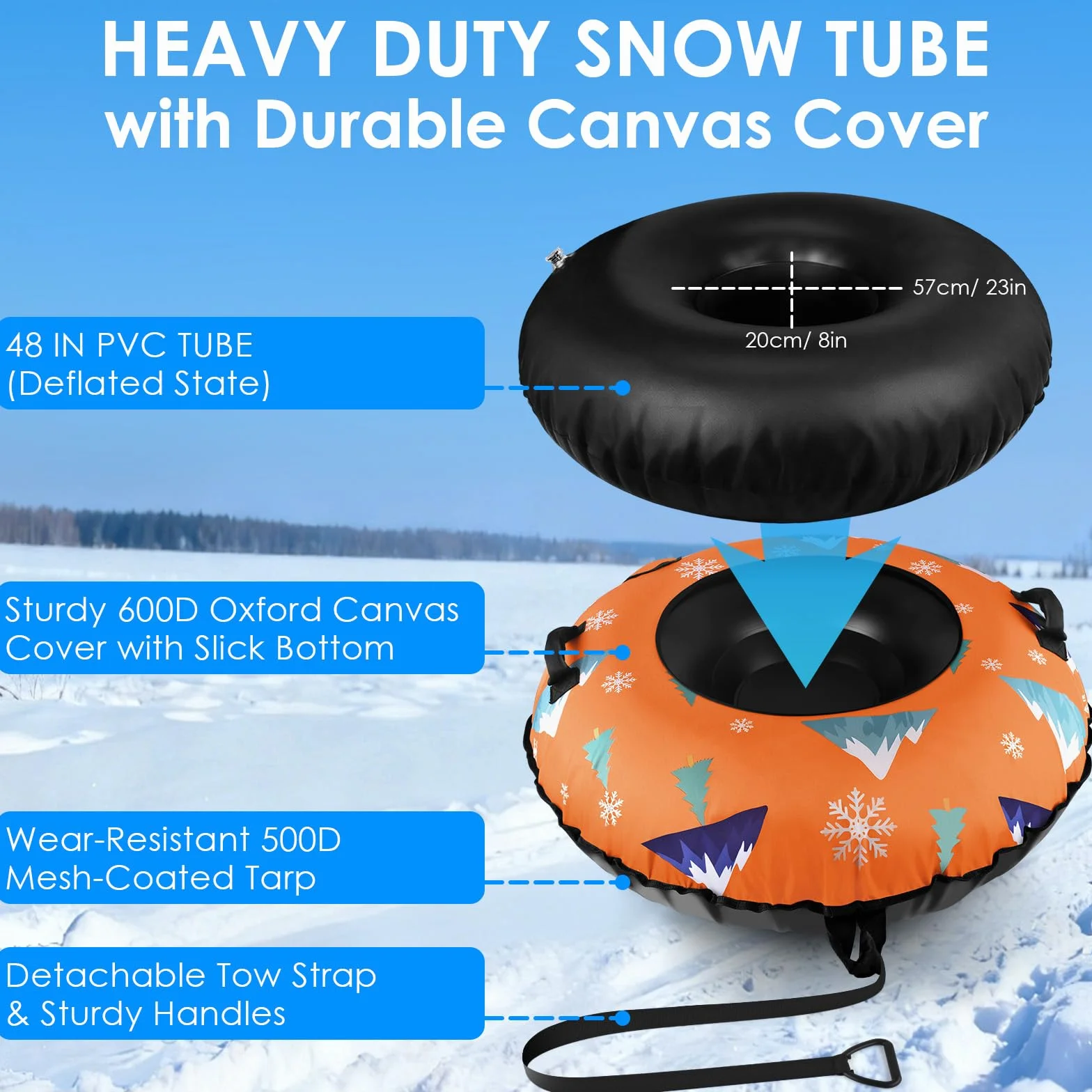 BROTOU Trineo inflable de nieve 120 cm con asas y funda