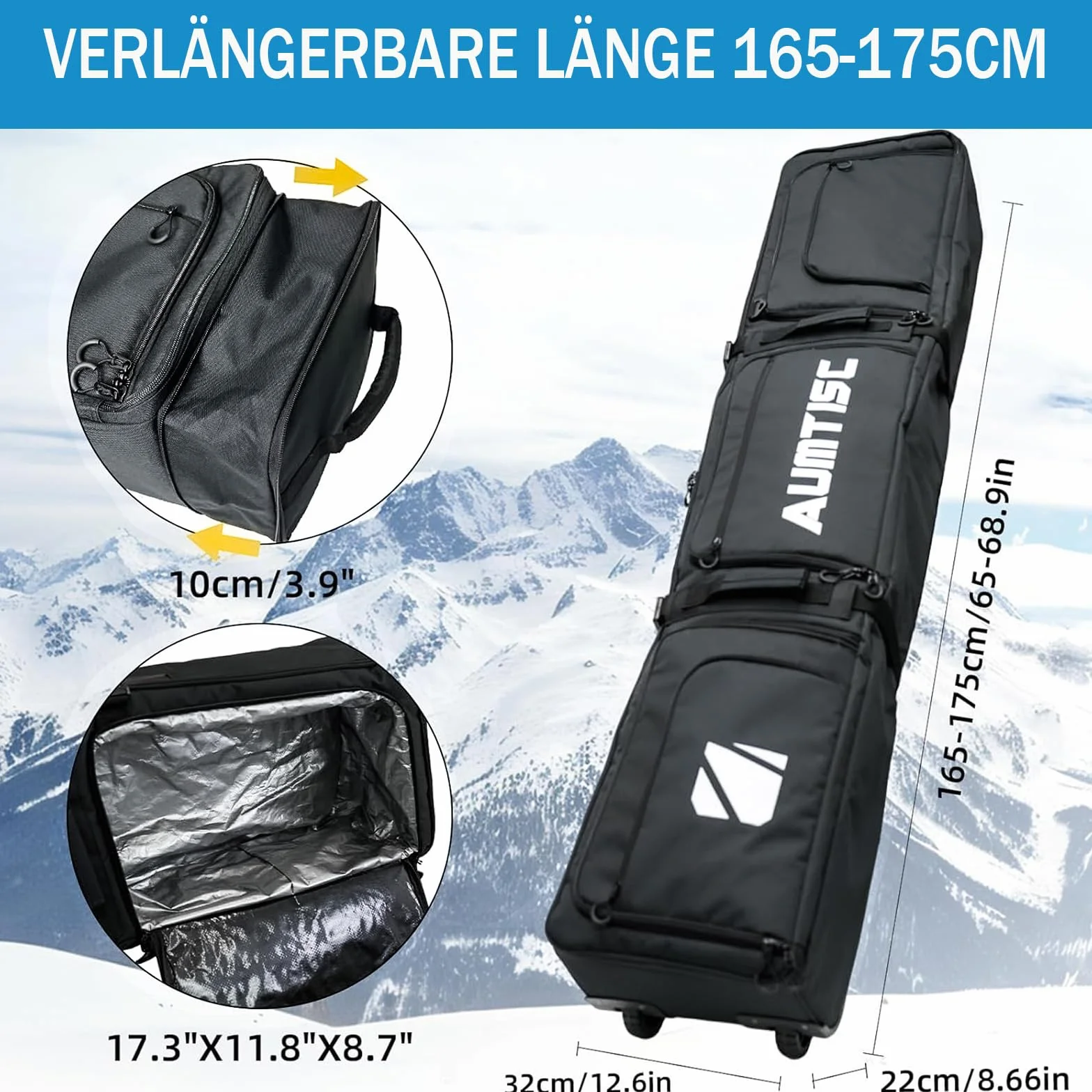 AUMTISC Bolsa de Snowboard con Ruedas Acolchada para Esquís 165-175 cm