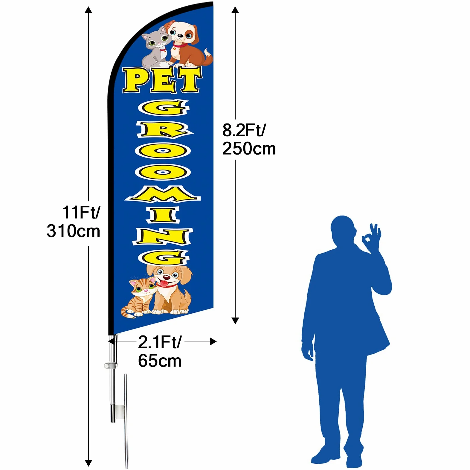 Bandera Swooper de aseo para mascotas, bandera de plumas publicitarias de aseo de mascotas de 11 pies con kit de poste, estaca de tierra, carteles de aseo de mascotas para negocios y escaparates