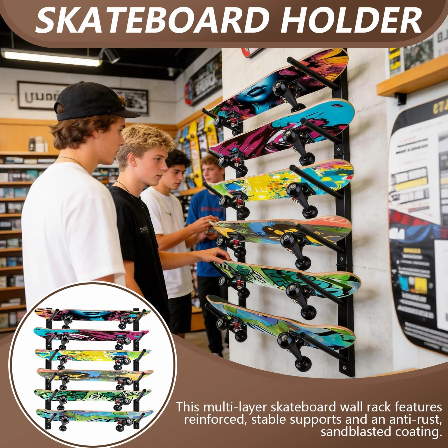 Soporte De Pared Para Monopatines, 6 Niveles, Acero Negro, Universal Para Longboards, Snowboards Y Wakeboards