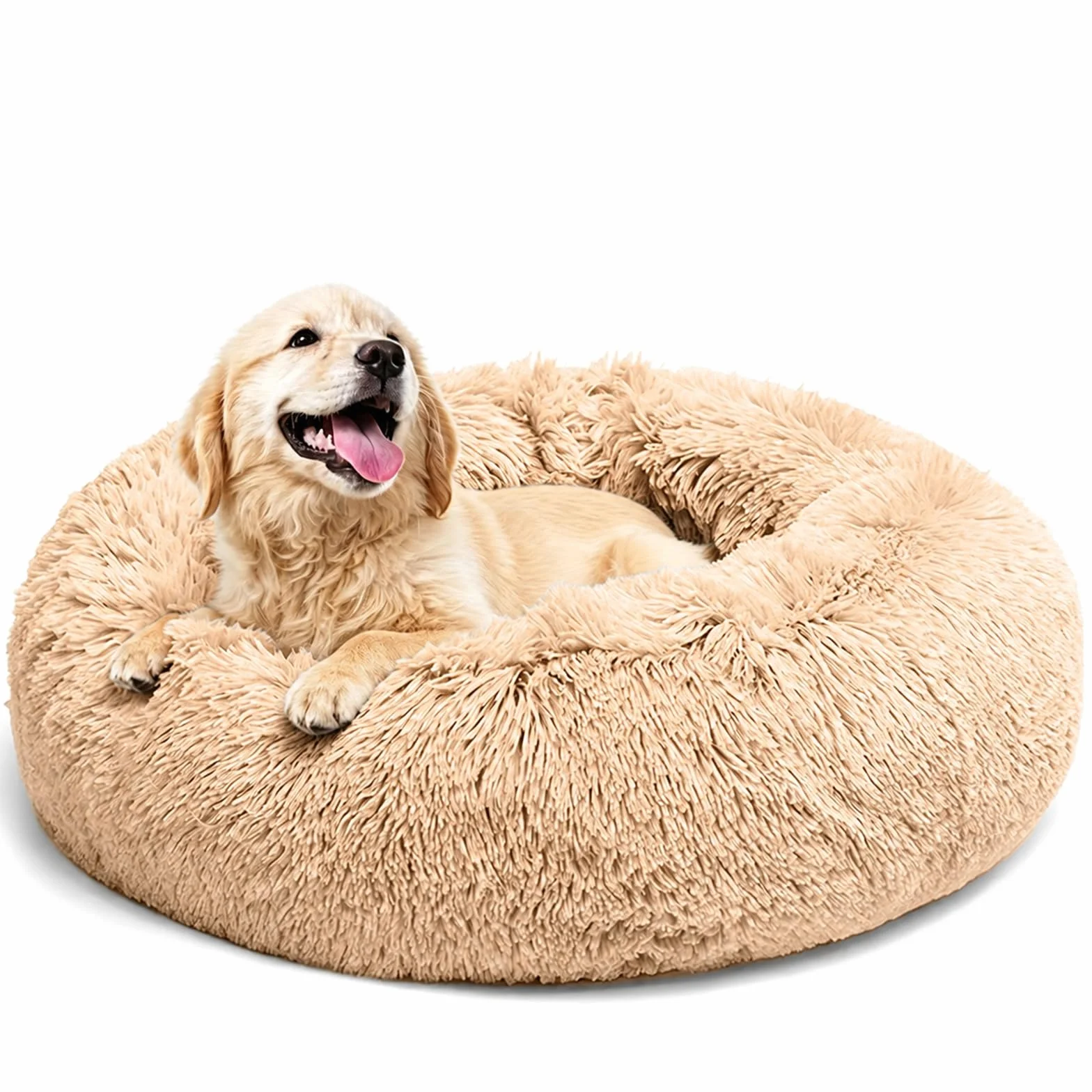 Cama para perros, mullida, cojín para perros, redondo, cama para mascotas, donut y gatos, lavable con base antideslizante, para perros grandes, medianos y pequeños, 70 cm, camello