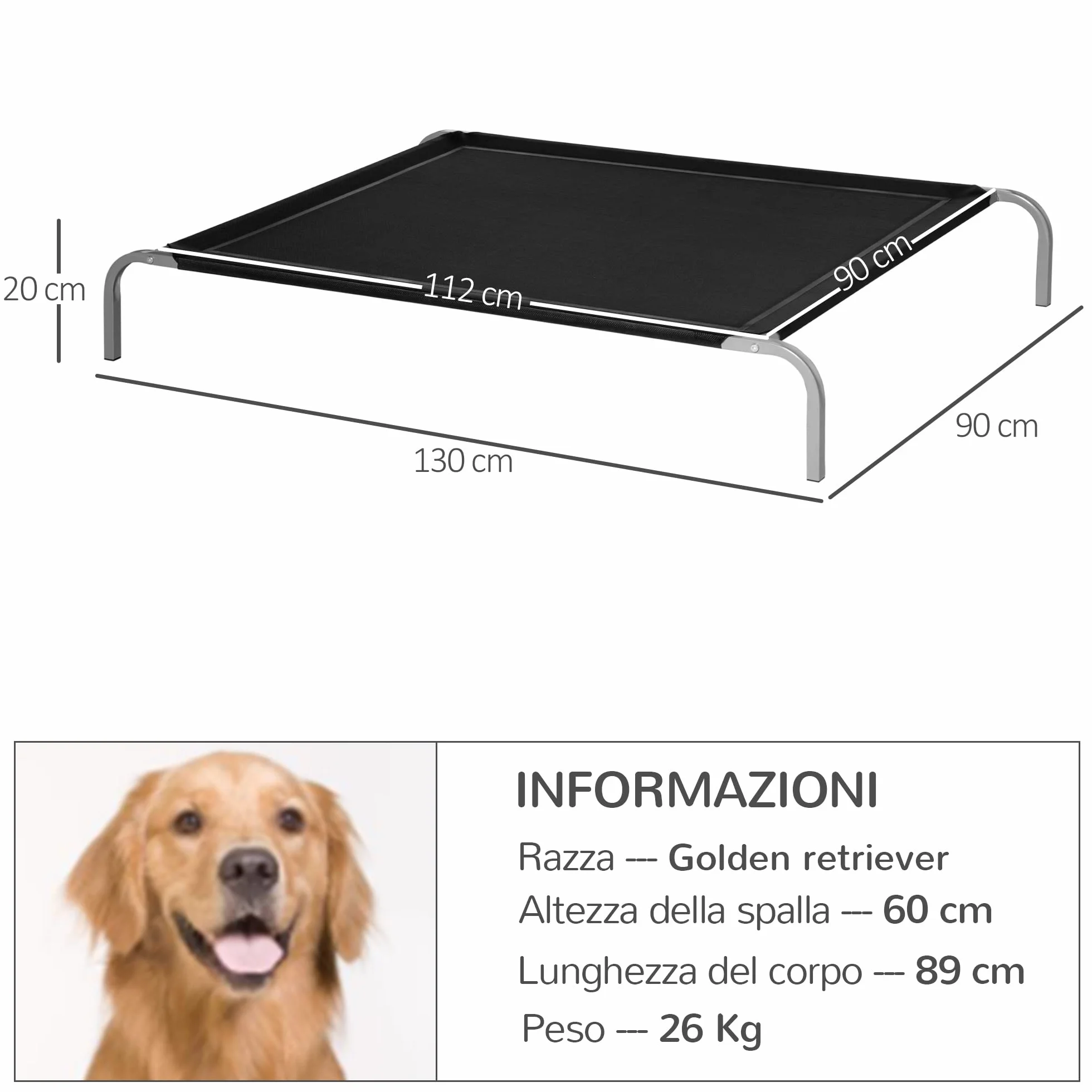 PawHut Cama Elevada para Perros Gatos Transpirable Cama para Mascotas 130x90x20 cm para Dormir Relajar con Marco de Acero para Interior Exterior Negro