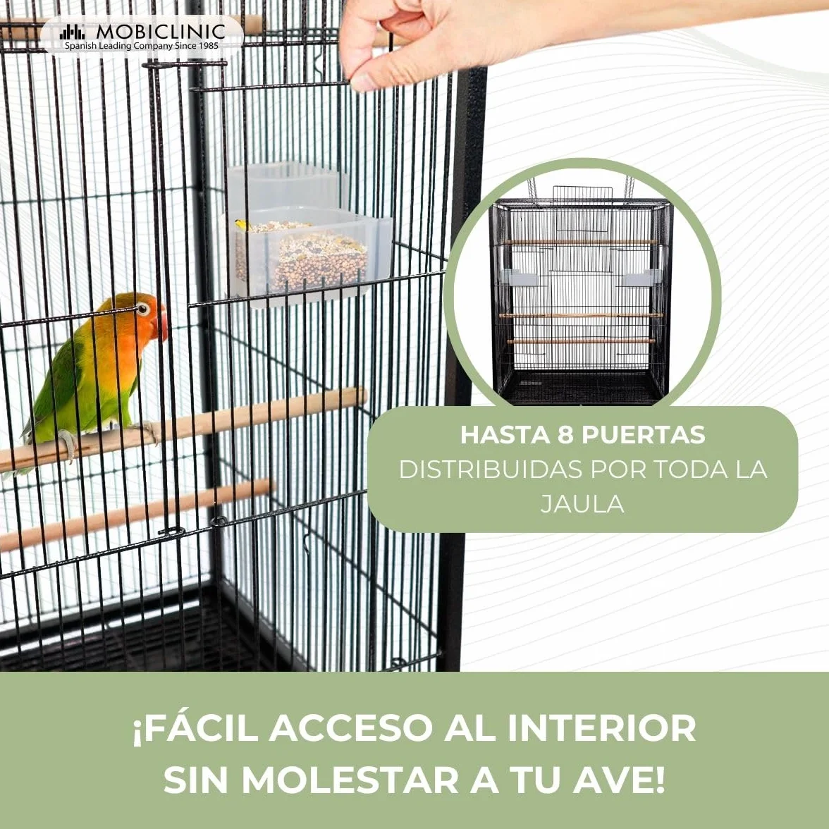 Mobiclinic®, Jaula de Pájaros, XL, con Ruedas, Frenos, Apertura Superior, Bandeja Extraíble, 8 Puertas, Grande, 95x43x61.5 cm, Comederos, Bebederos, Perchas Descanso, Agapornis, Loros, NINFA