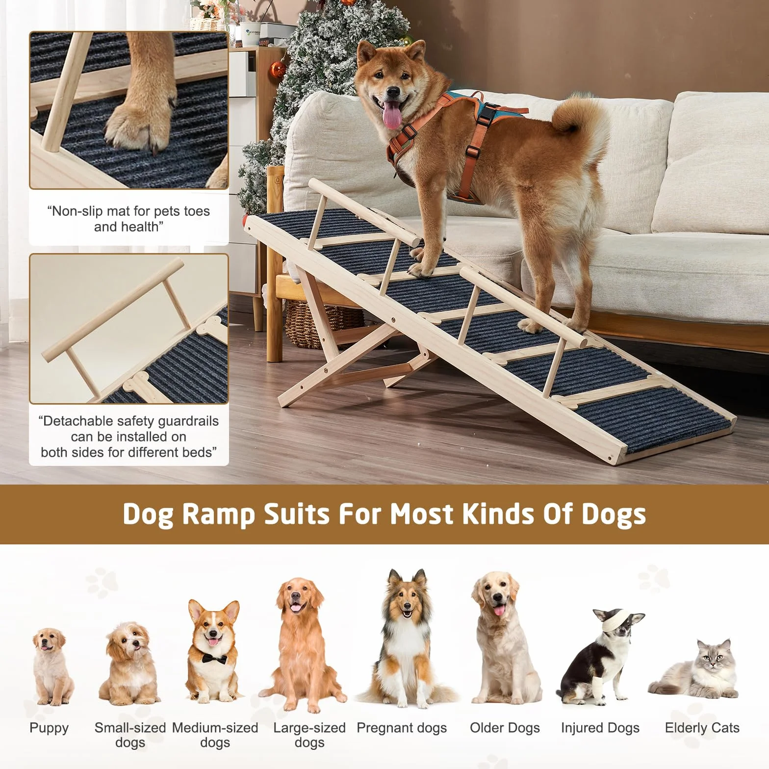 Rampa de madera para perros para cama alta, rampa antideslizante de 120 cm de largo para sofá, 6 alturas ajustables de 40 a 71 cm con alfombrilla de tracción antideslizante para perros pequeños,