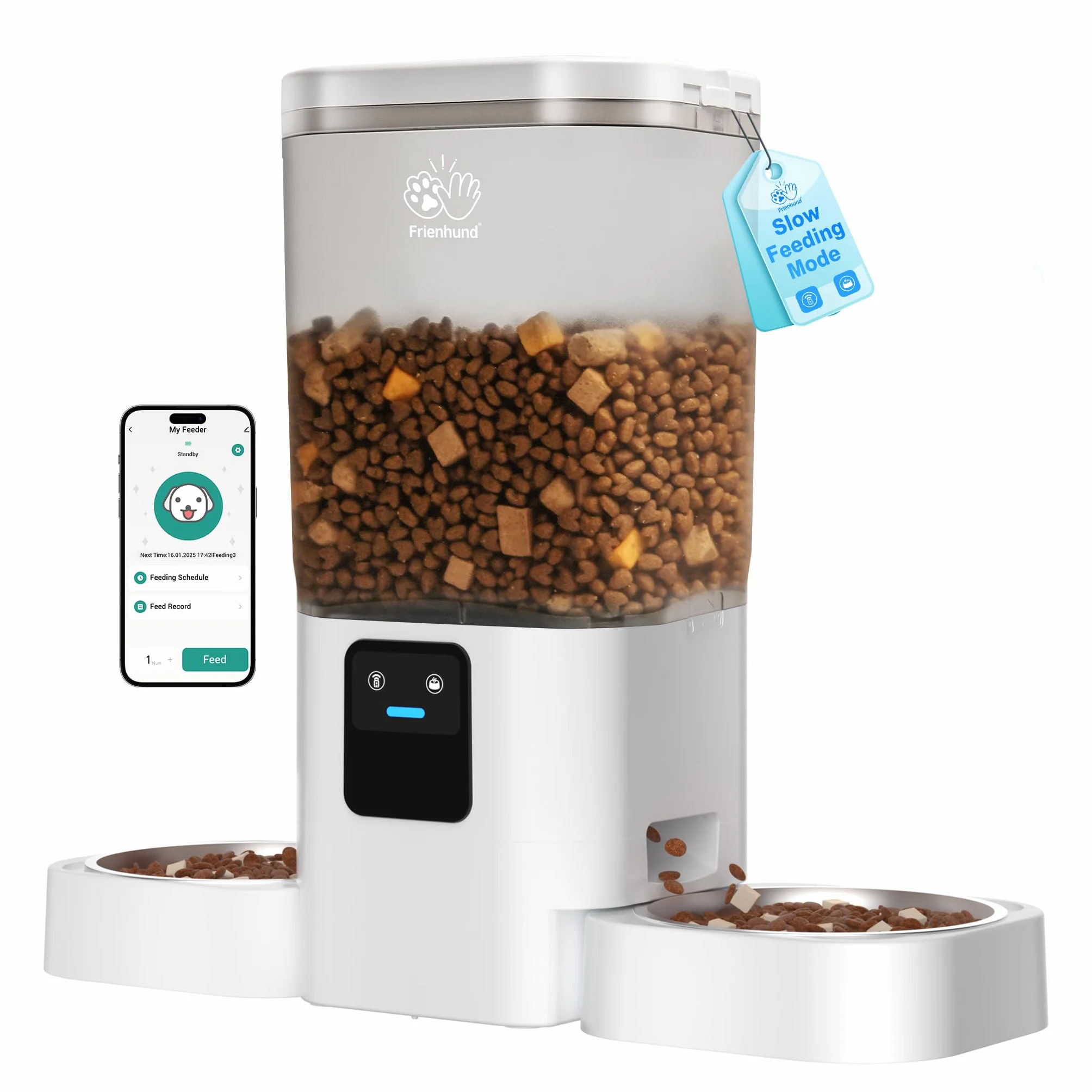 Comedero Gato Automatico Doble WiFi: 5G Dispensador Comida Gatos con Alimentación Lenta y Control por App, Comedero Perro Automatico de 7L para Varias Mascotas, Fácil de Limpiar(ACF190W-C)