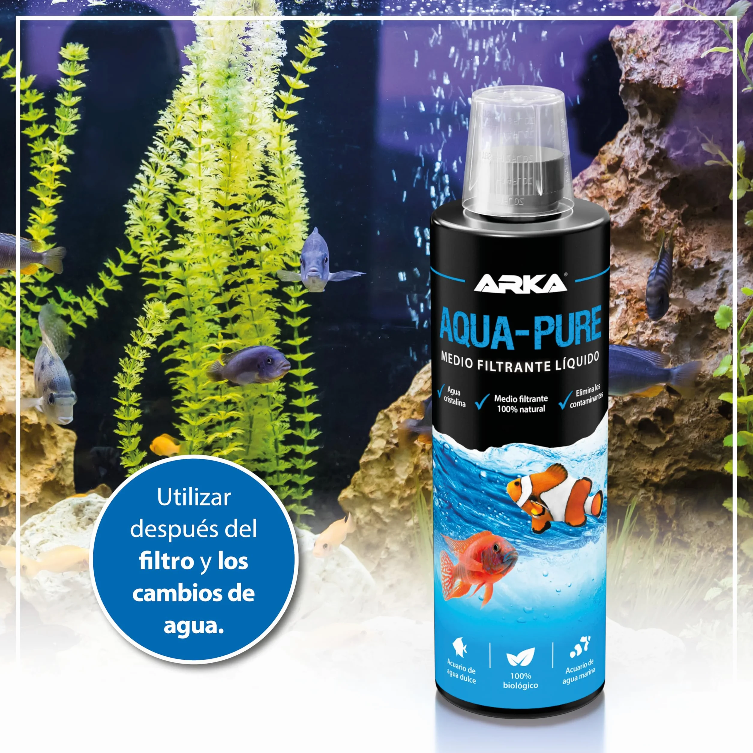 Aclarador de Agua Acuario 118 ml – ARKA Aqua-Pure – Elimina turbidez y residuos – Agua cristalina en acuarios Dulces y Marinos – 100% biológico con bacterias filtrantes – Seguro para Plantas