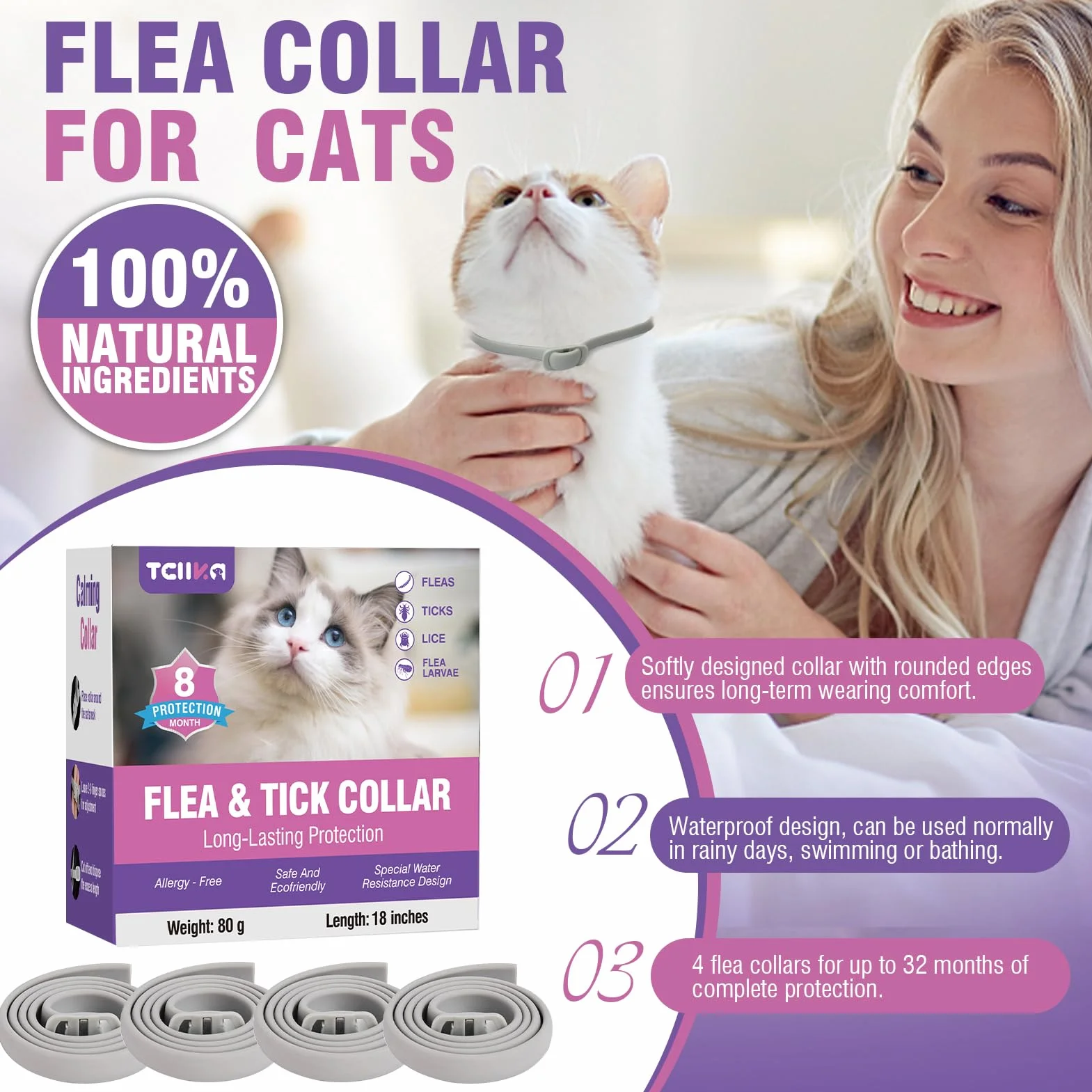 Collar Antiparasitario Gatos Collar Antipulgas Gatos 4piezas Collar Antipulgas y Garrapatas para Gatos Collar Antiparasitario 8meses de ProteccióN Duradera Impermeable TamañO Ajustable Collares Pulgas
