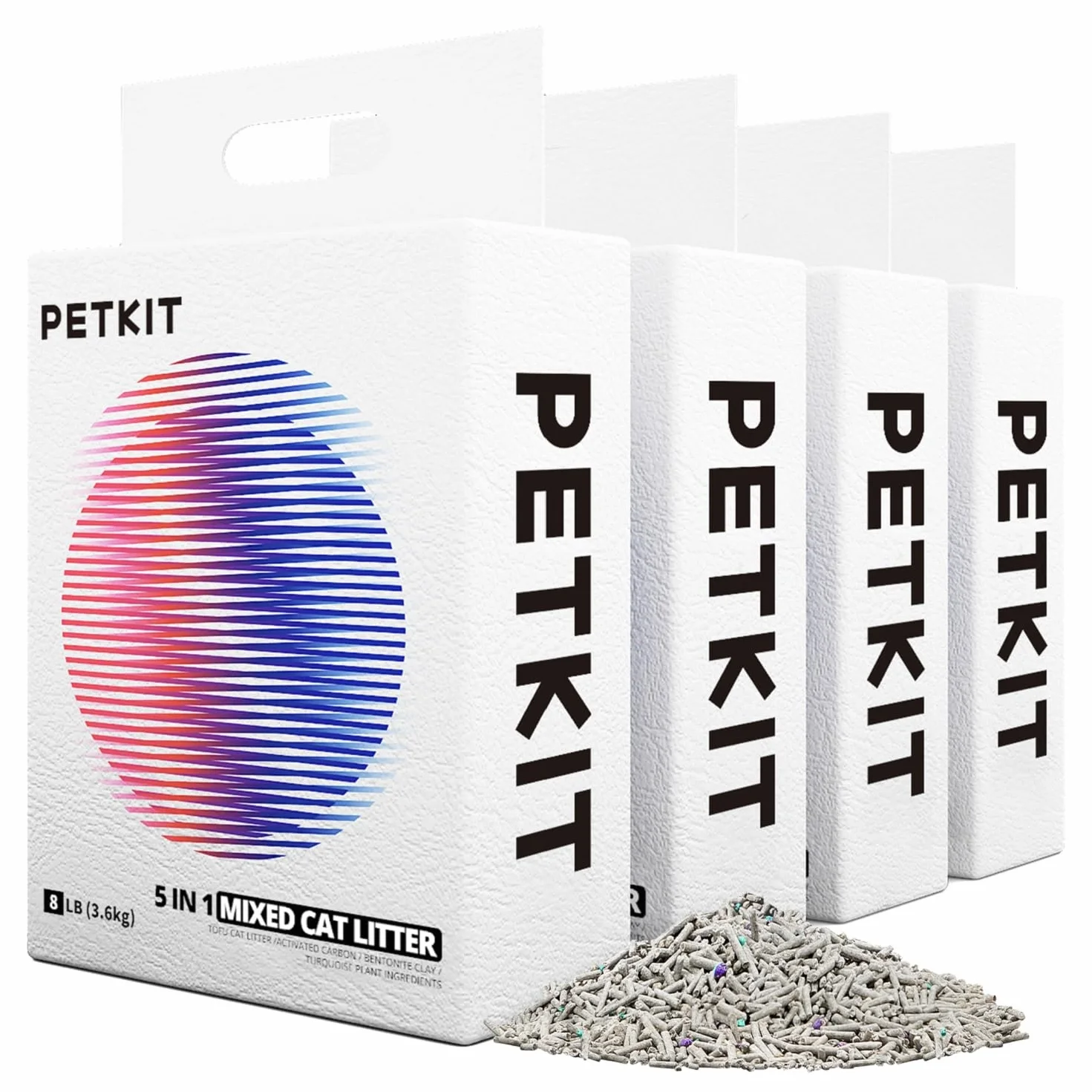 PETKIT Arena Mixta para Gatos 5 en 1, Enjuagable, Sin Olores, con Carbón Activado, Ultra Absorbente y de Secado Rápido(Cuatro Bolsas)