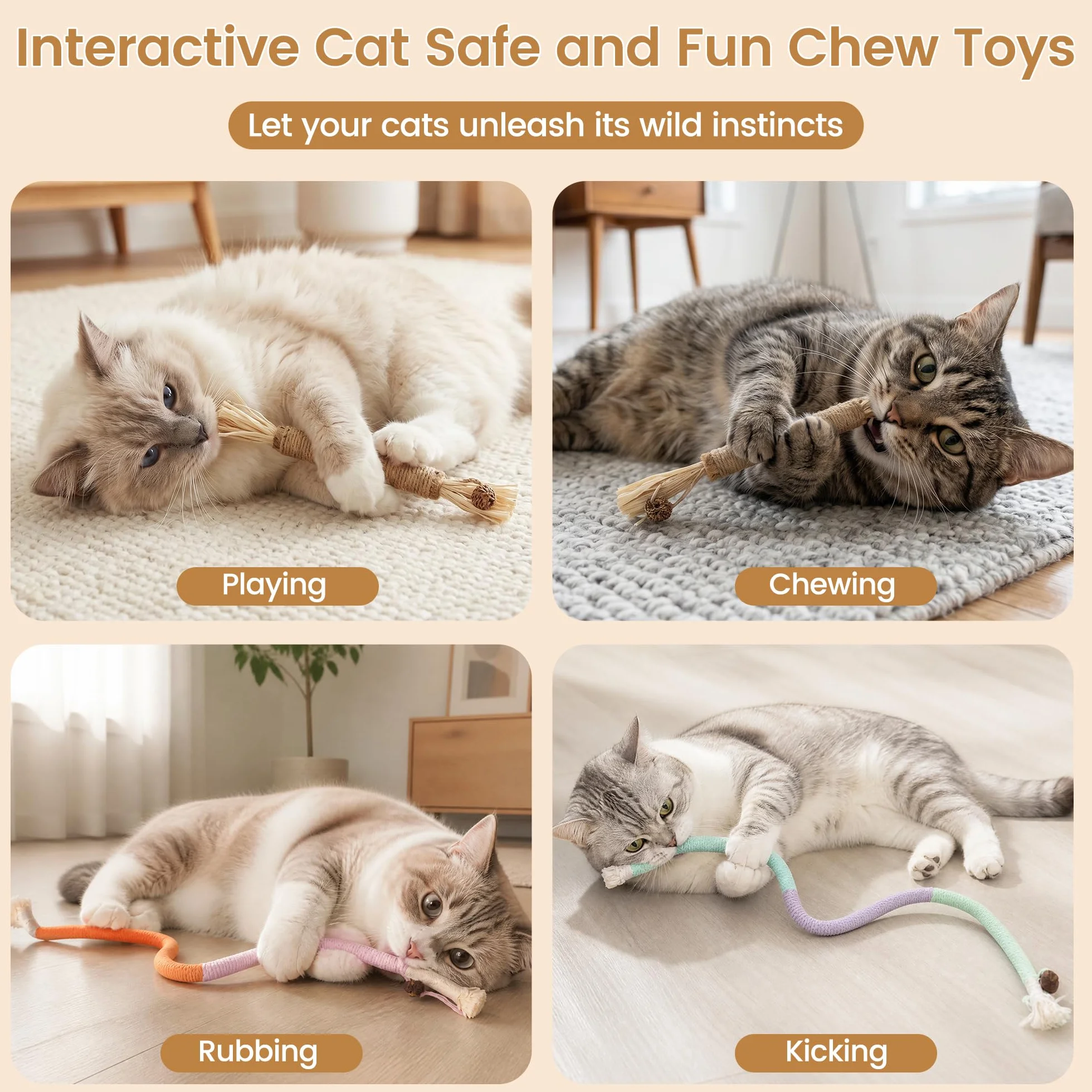 Juguetes para gatos, 7 cuerdas masticables para gatos y palos de vid plateada para gatos con hierba gatera natural y vid plateada, juguetes de limpieza segura de dientes para gatitos de