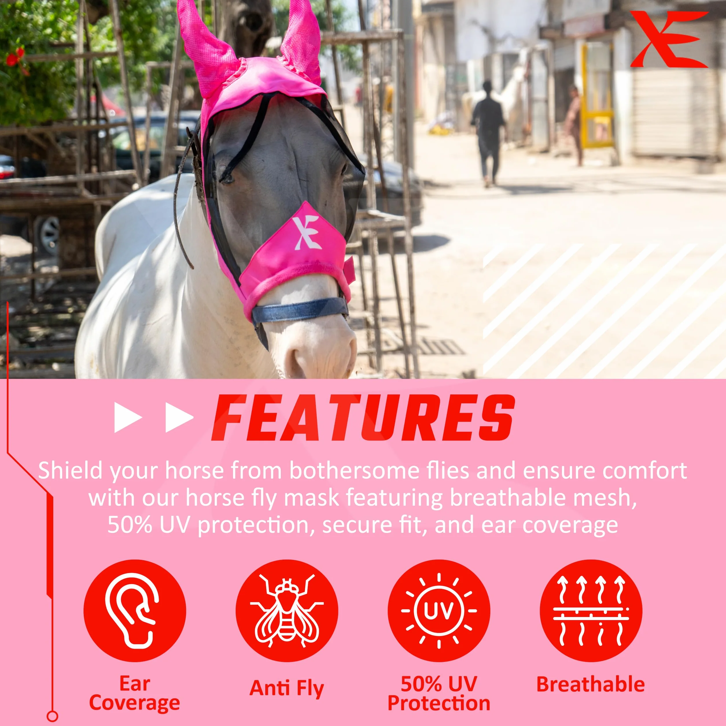 XE Máscara contra Moscas de Caballo con Orejas – Máscara de Caballo de Malla Transpirable para Cara Completa y Nariz para Protección UV y Mosca, Máscara Caballo (Half Pink Mask, COB (M))