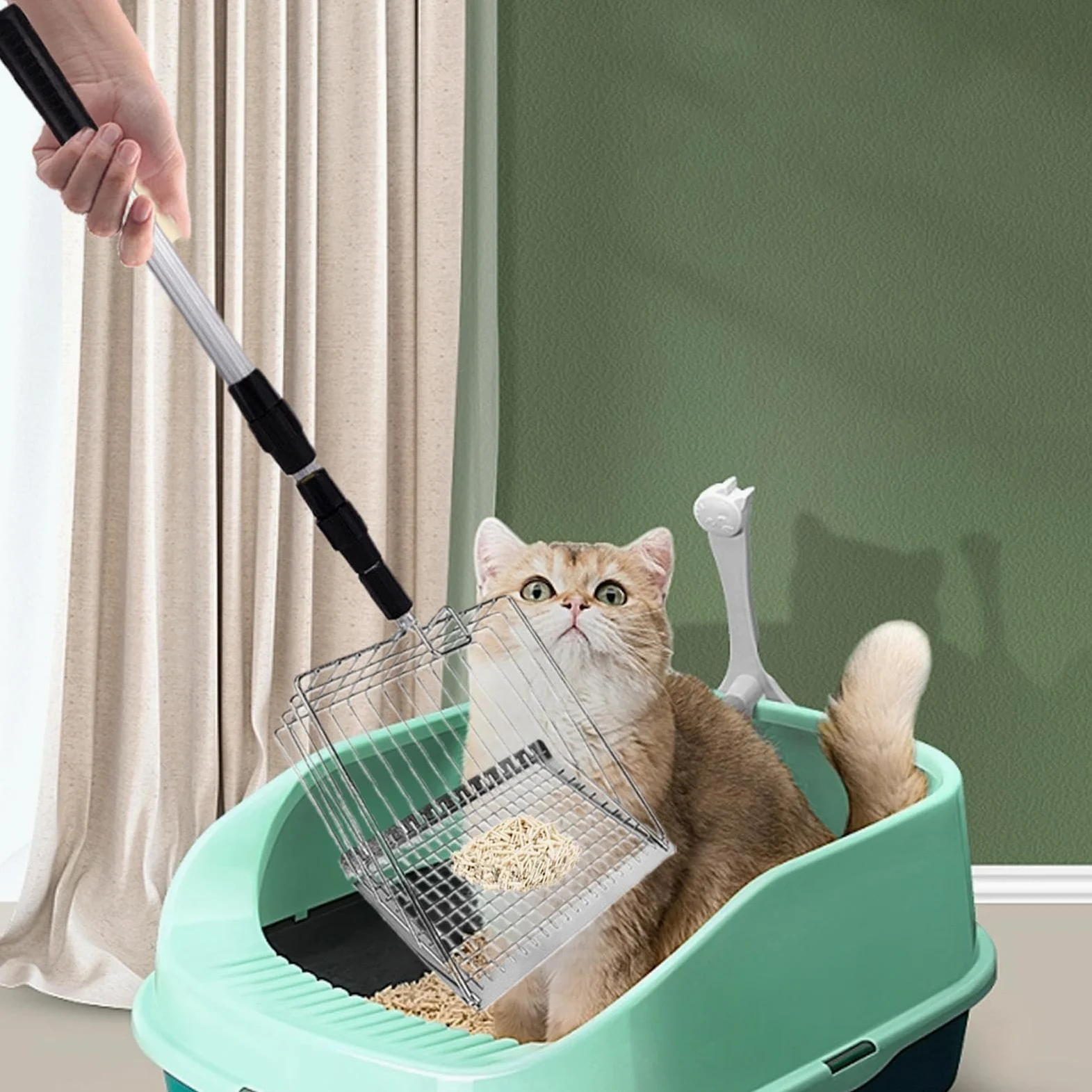 Cuchara de arena para gatos con tamiz profundo y mango largo para una fácil limpieza, ideal para gatos mayores y espacios pequeños