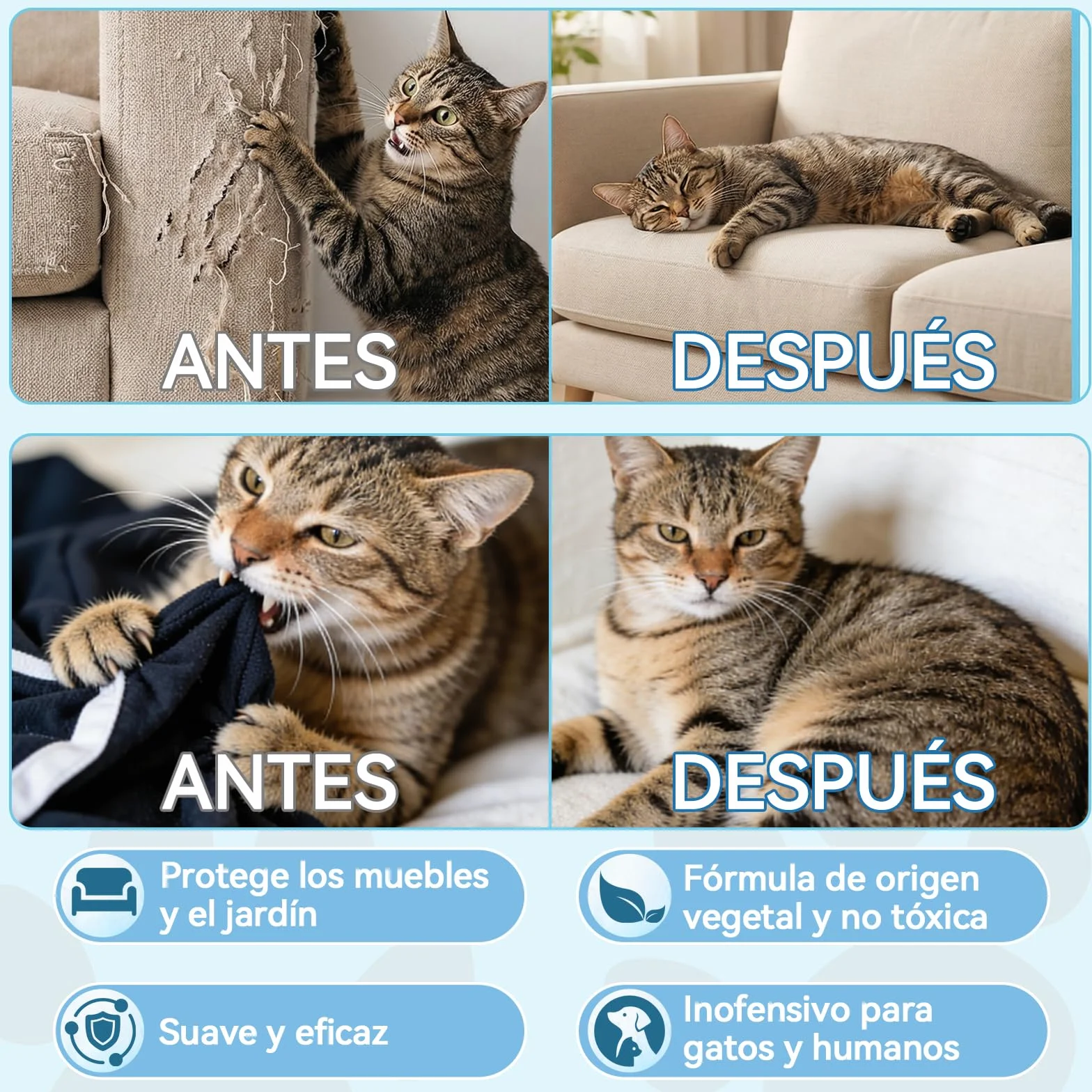 Spray repelente para gatos, Repelente para gatos y ahuyentador de gatos natural, Eficaz ahuyentador de gatos para interiores y exteriores, Spray que ahuyenta a gatos y protege muebles, jardín y sofá
