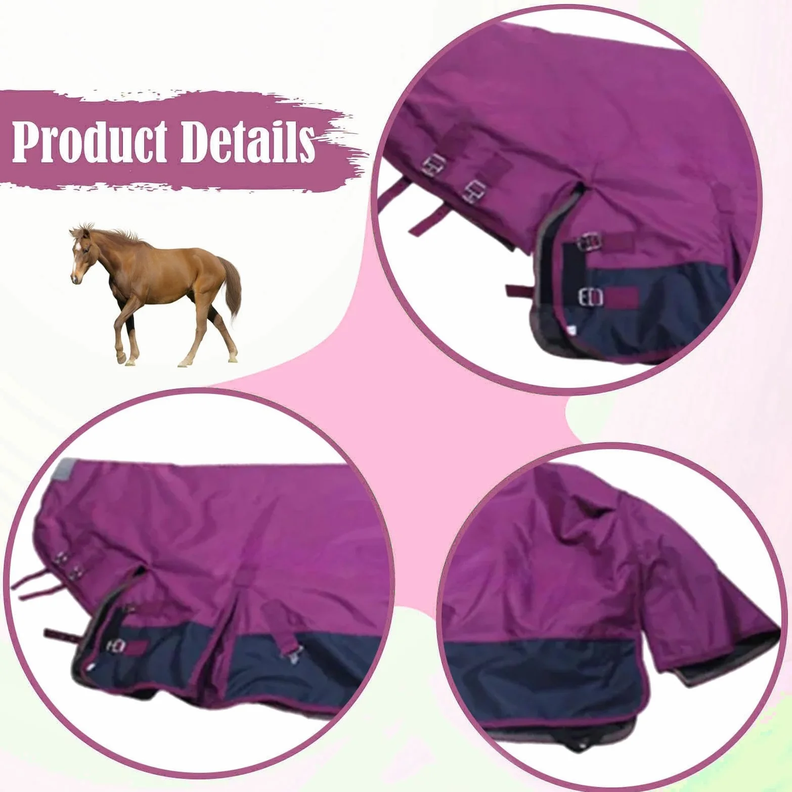 Manta de Invierno para Caballo, Manta de 600D, Acolchada Y Gruesa, Mantiene El, Resistente Al Agua, Ropa Ecuestre, Rosa Roja XL