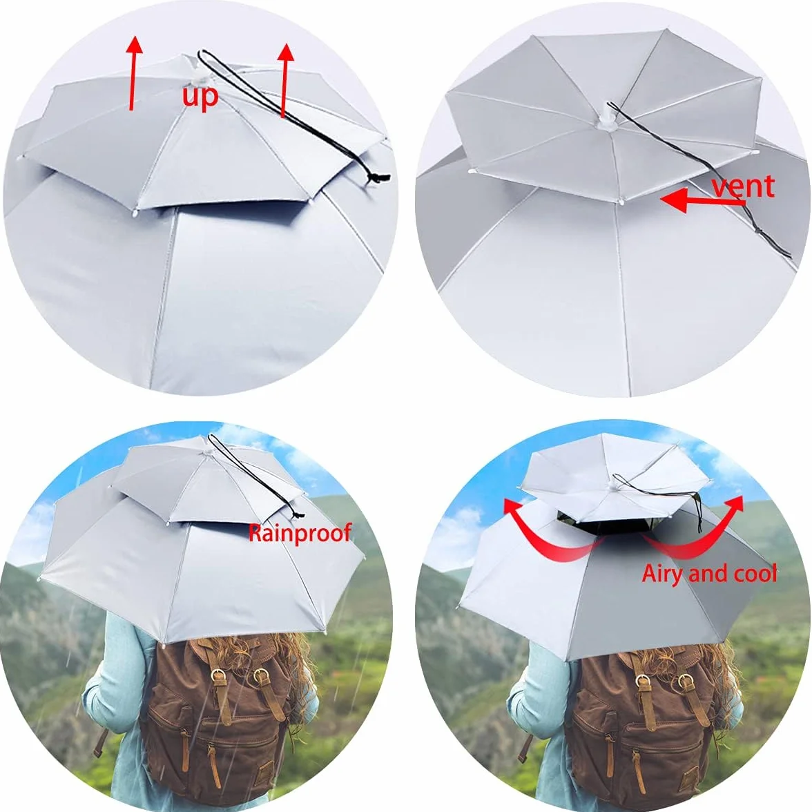 Gorro Paraguas de Cabeza 37 Pulgadas Plegable con Banda Elástica para Pesca Playa Camping