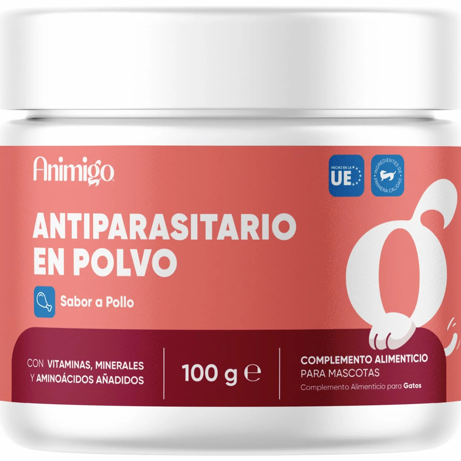 animigo Antiparasitario en Polvo para Gatos 100g Sabor Pollo - Protección Natural Antipulgas y Antigarrapatas Muy Fácil de Suministrar Formulado con Ingredientes Naturales, Vitaminas Grupo B y Zinc