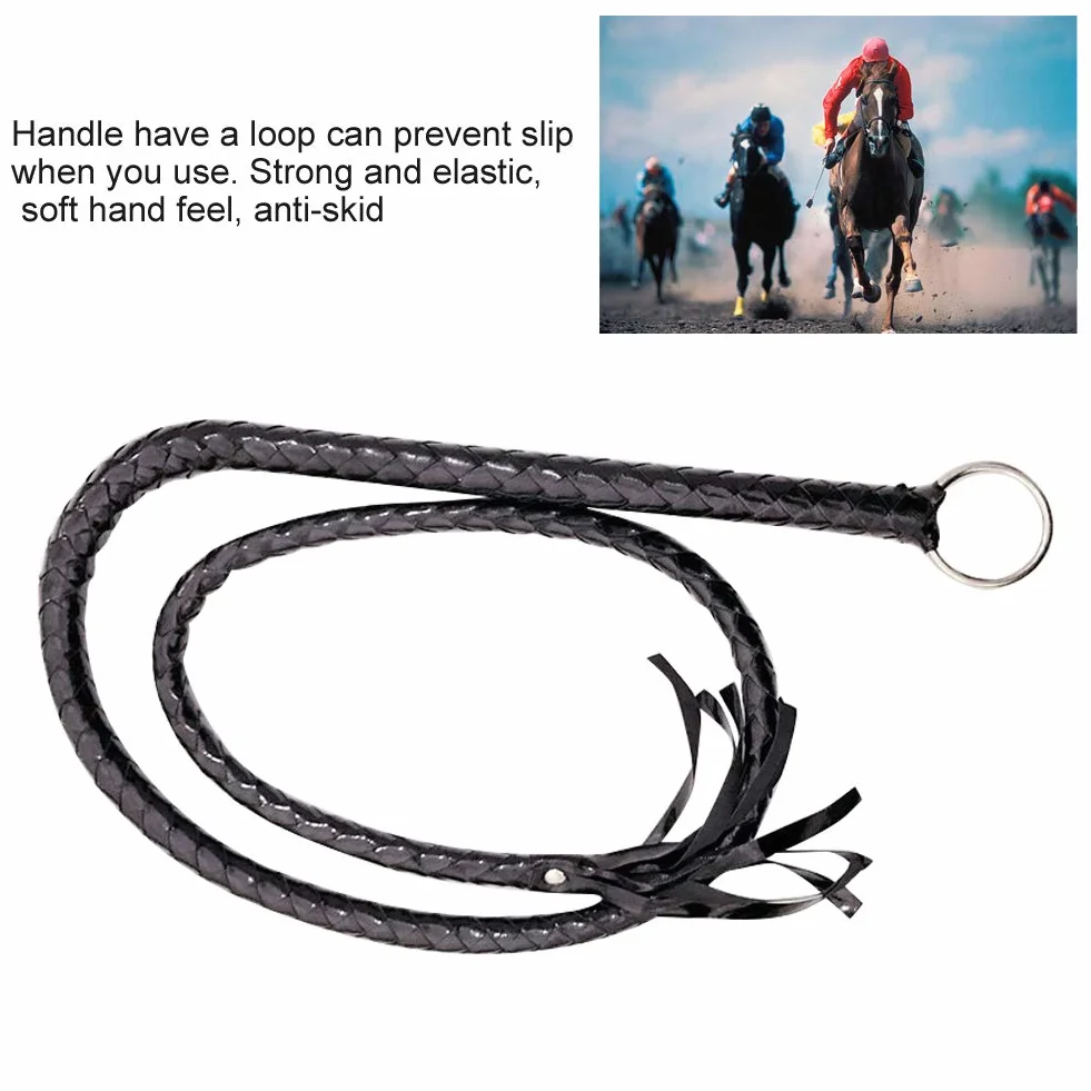 Látigo de equitación de cuero sintético con mango tejido, accesorio de disfraz de Halloween (negro)