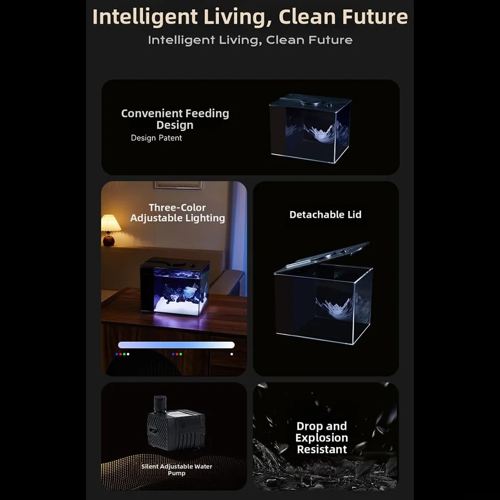 Para mini pecera de escritorio con filtro, kit de acuario autocirculante, luz LED ajustable, silencioso, ecológico, cilindro de mesa, negro transparente (S)