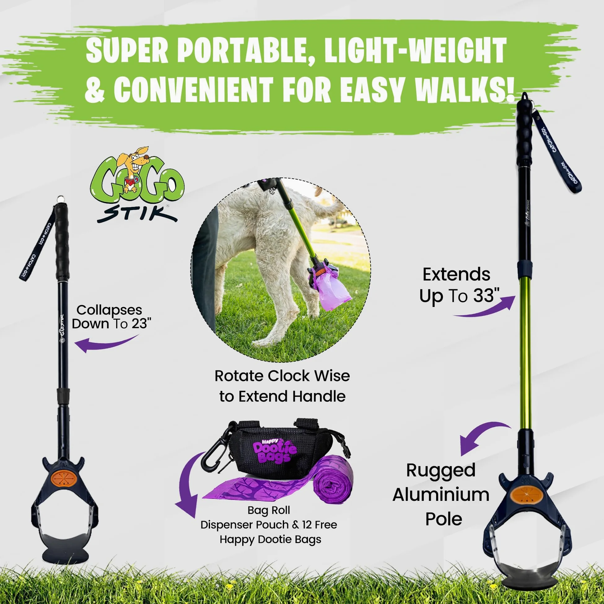 GOGO Stik, la limpieza total de Pooper Scooper. Guardar y utilizar cualquier tipo de bolsa – cuchara y recoger hasta bolsa llena.