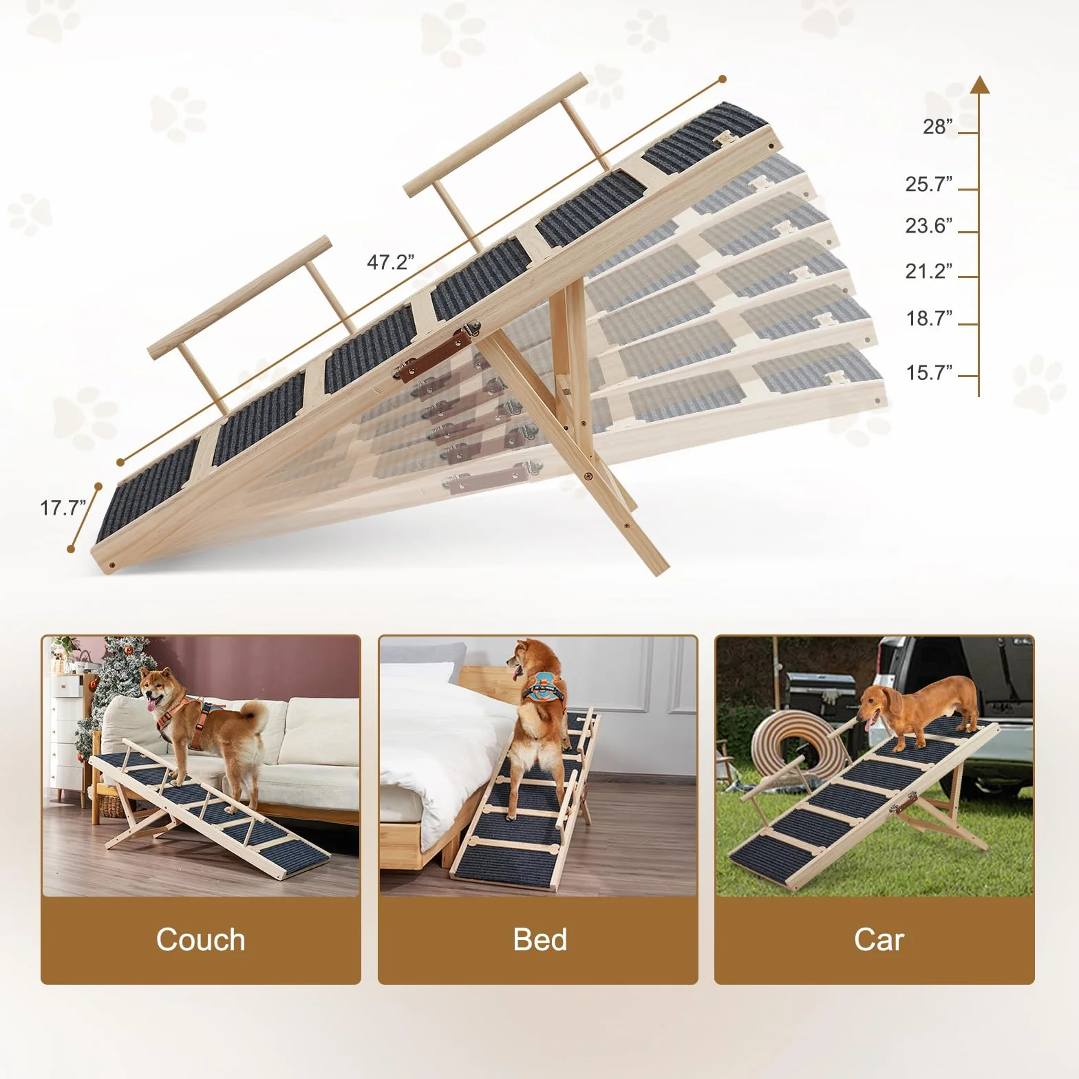 Rampa de madera para perros para cama alta, rampa antideslizante de 120 cm de largo para sofá, 6 alturas ajustables de 40 a 71 cm con alfombrilla de tracción antideslizante para perros pequeños,