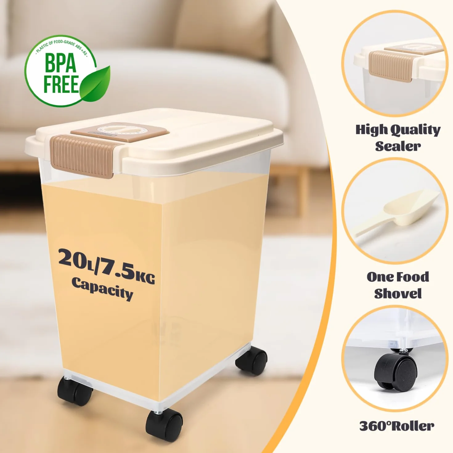 Nobleza Contenedor de Pienso para Mascotas 20L, con Ruedas, Tapa Abatible, Cuchara y Marcador de Fecha, Caja Hermética Transparente para Perros y Gatos