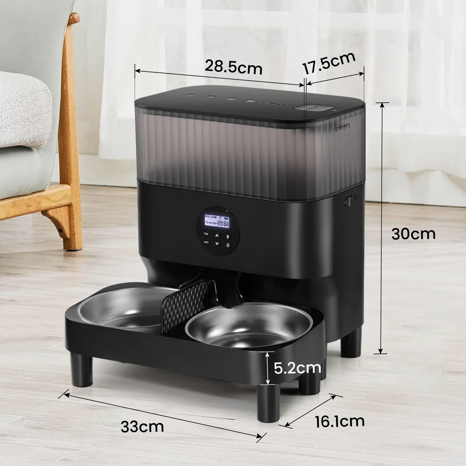 Sailvono - Comedero automático para Gatos y Perros, 5 L, con Dos Cuencos de Acero, Control de porciones, grabación de Voz, hasta 4 Comidas al día, Color Blanco