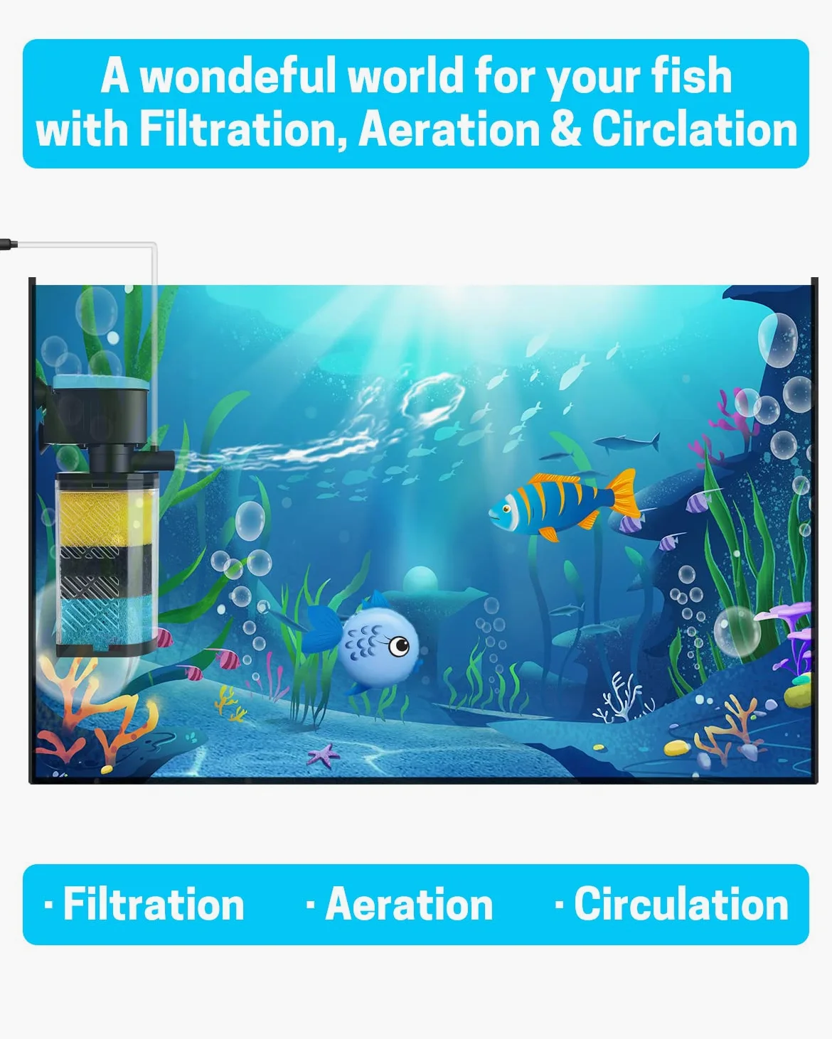 AquaMiracle Filtro de acuario de 3 etapas, filtro interno para peceras, filtro de tortuga para tanques de peces de 70-100 galones con doble salida de agua y aireación