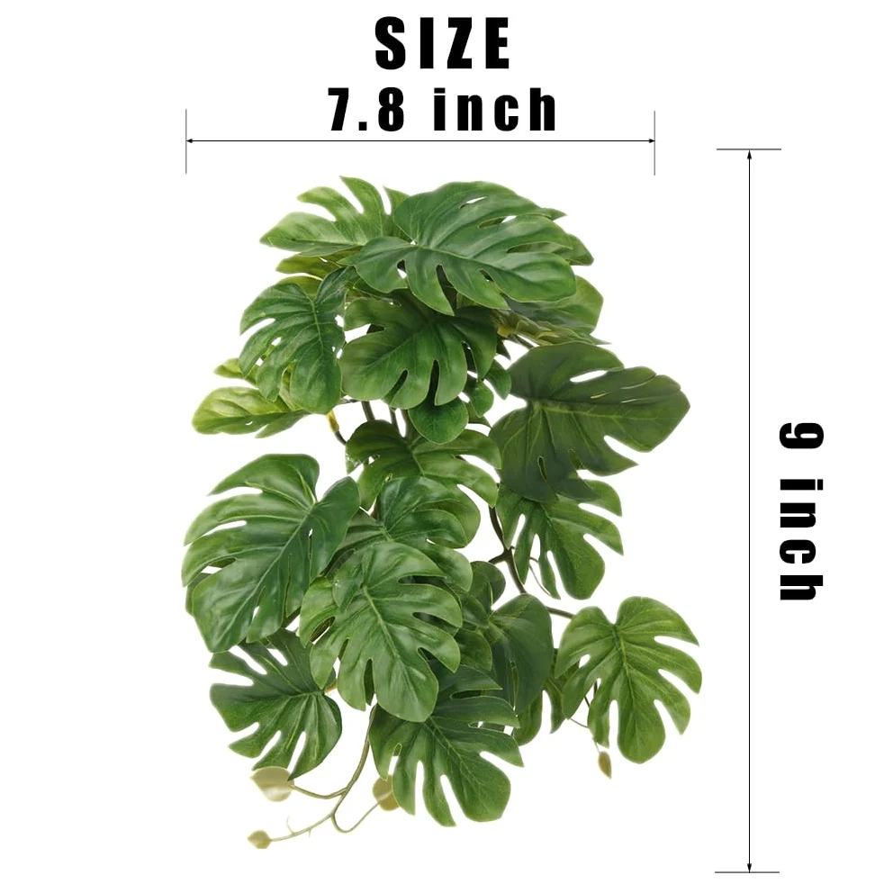 Paquete de 2 plantas falsas de reptiles para terrario, accesorios de tanque de serpiente, decoración de hábitat, plantas colgantes artificiales con ventosa, Monstera falsa