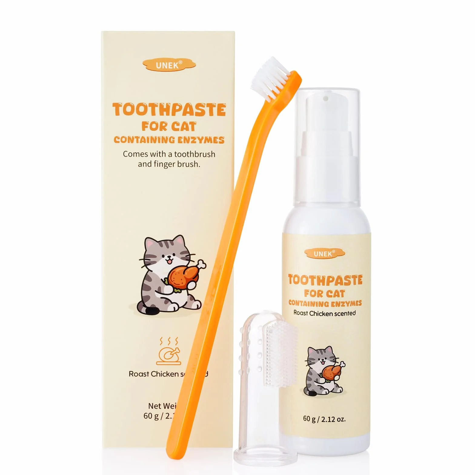 UNEK Kit de cuidado dental para gatos – Pasta de dientes enzimática 60 g sabor pollo frito, con cepillo de dientes y cepillo de dedo, ayuda a reducir placa y mal aliento