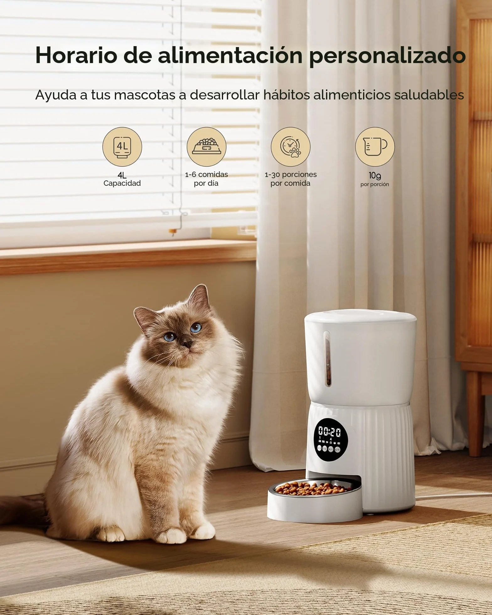 Comedero Gato Automatico, Faroro 4L Dispensador Comida Gatos/Perros con 1 a 6 Comidas Al Día, Control de Porciones, Voz 10s, Alimentación Lenta (Blanco)