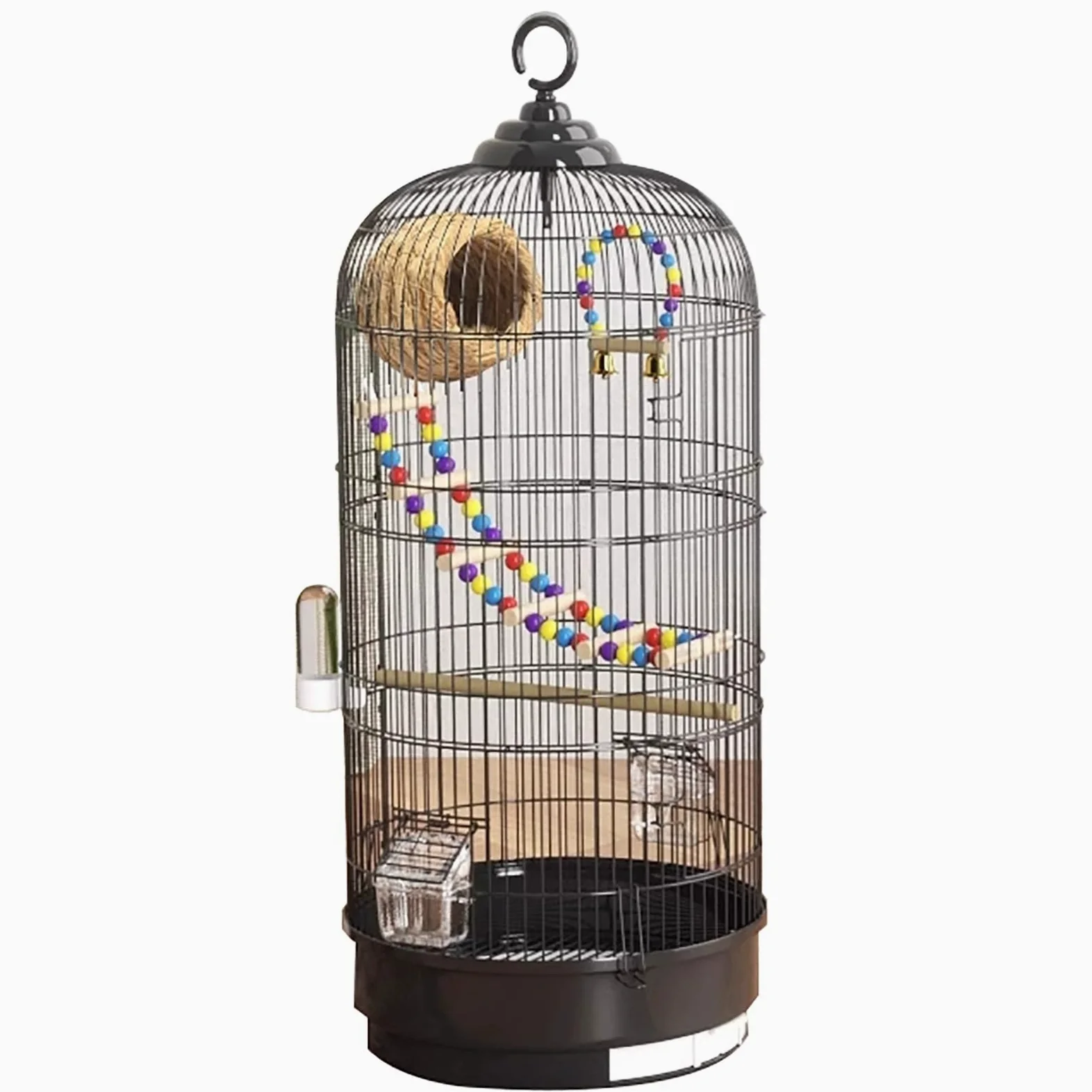 Jaula Redonda de Metal para Pájaros, Resistente y Ventilada, Jaula Loro para Agapornis, Periquitos, Voladera para Interiores y Exteriores(Black)