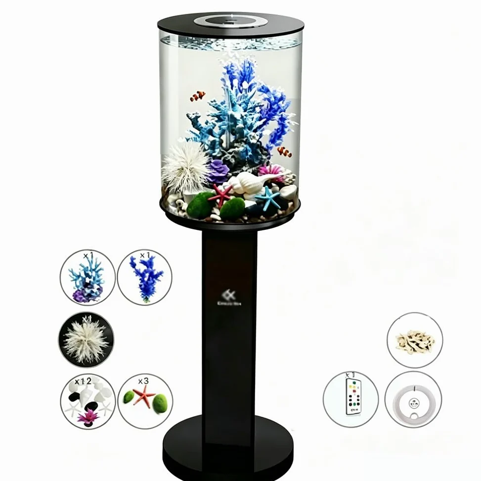 Acuario acrílico de 6 galones (blanco/negro) con luz LED tricolor controlada a distancia, kit de micropaisaje, adecuado para pantalla de escritorio (D)