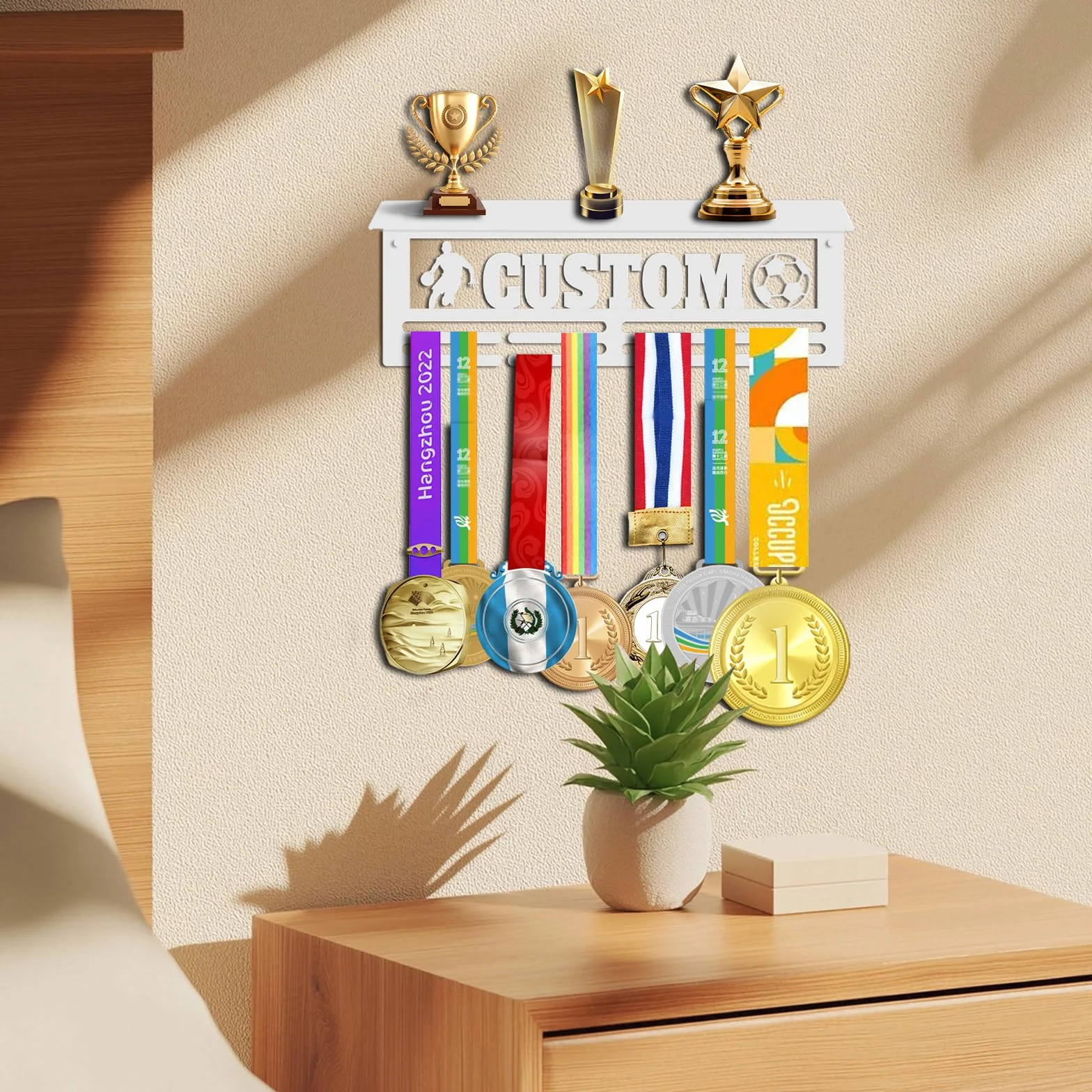 Perchero de medallas personalizado de acero, estante para premios y cintas, soporte de pared con diseño de nombre y deporte