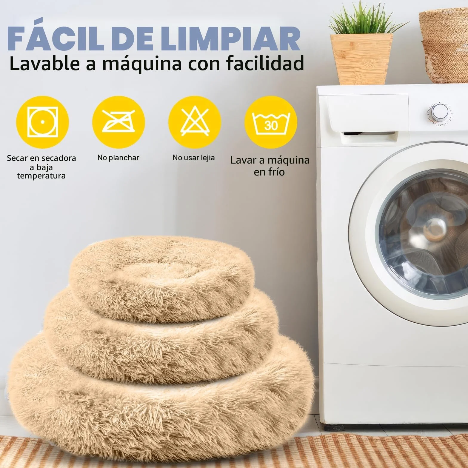Cama para perros, mullida, cojín para perros, redondo, cama para mascotas, donut y gatos, lavable con base antideslizante, para perros grandes, medianos y pequeños, 70 cm, camello