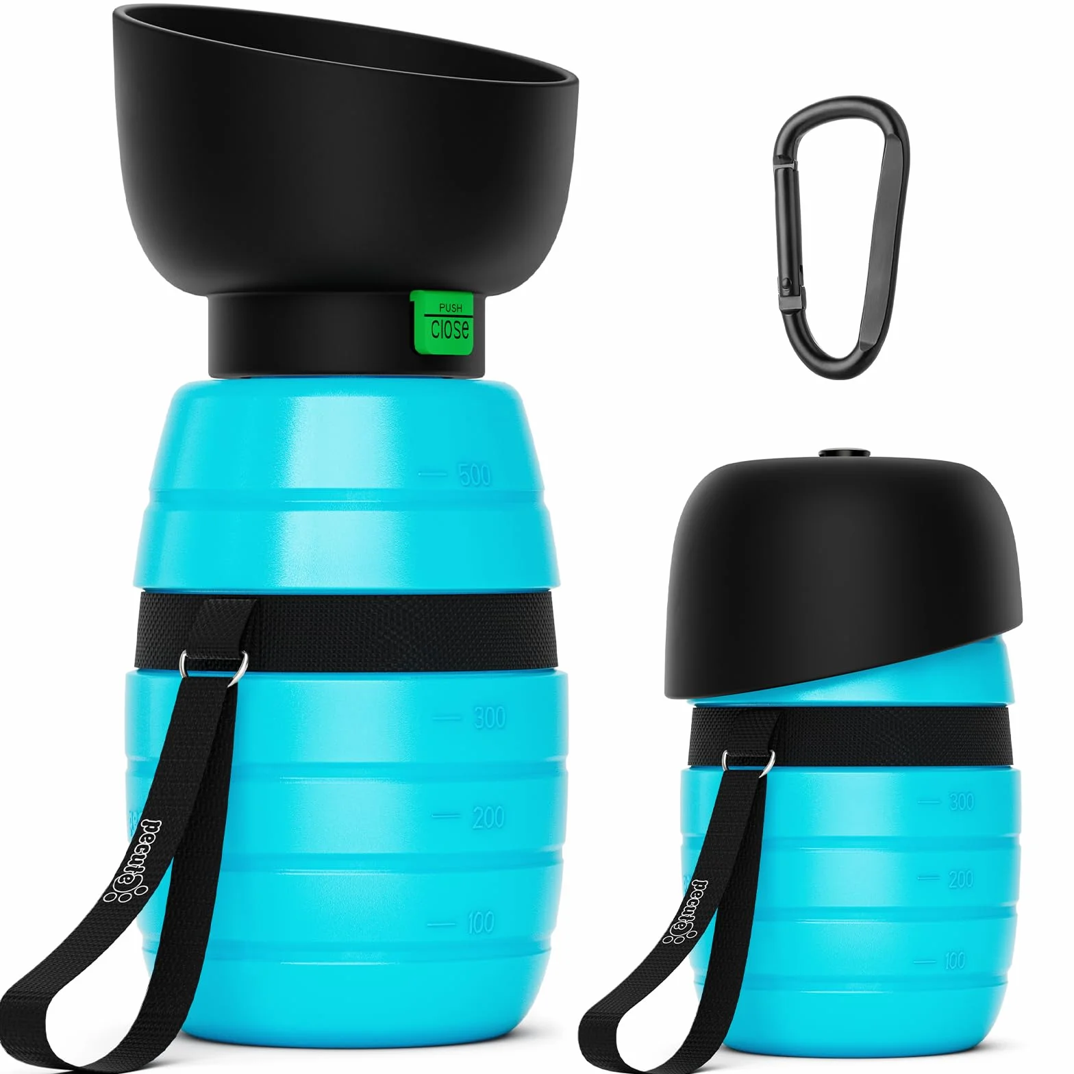 Pecute Botella de Agua para Perros (Azul 500ml) con Cuenco de Agua Plegable Botella de Agua de Silicona de Grado Alimentario para Perros Gatos, 100% Libre de Fugas de Agua