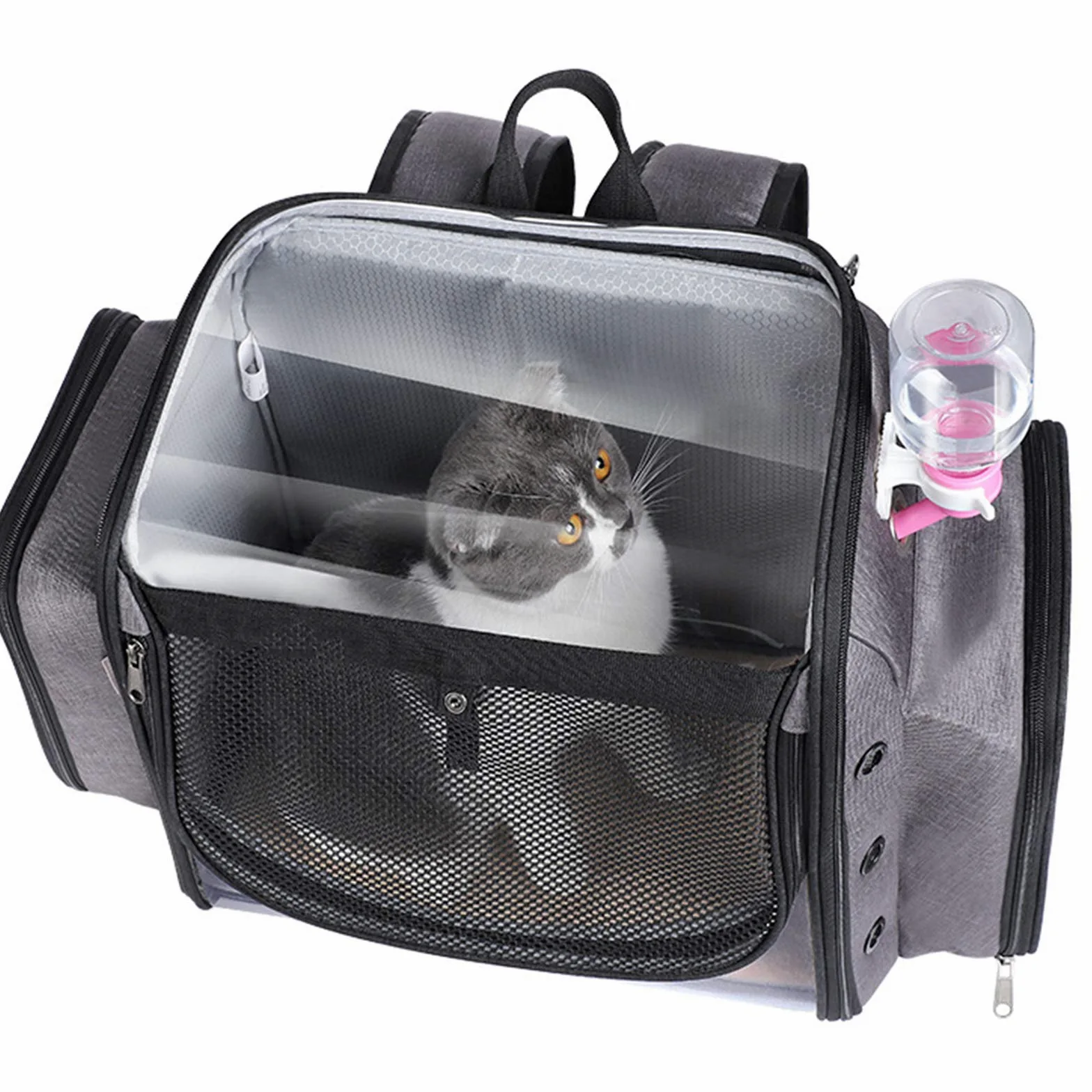 Transportador de viaje para mascotas con ruedas, transportador rodante para perros y gatos, incluye caja de comida, caja de arena, botella de agua y cuencos de viaje plegables
