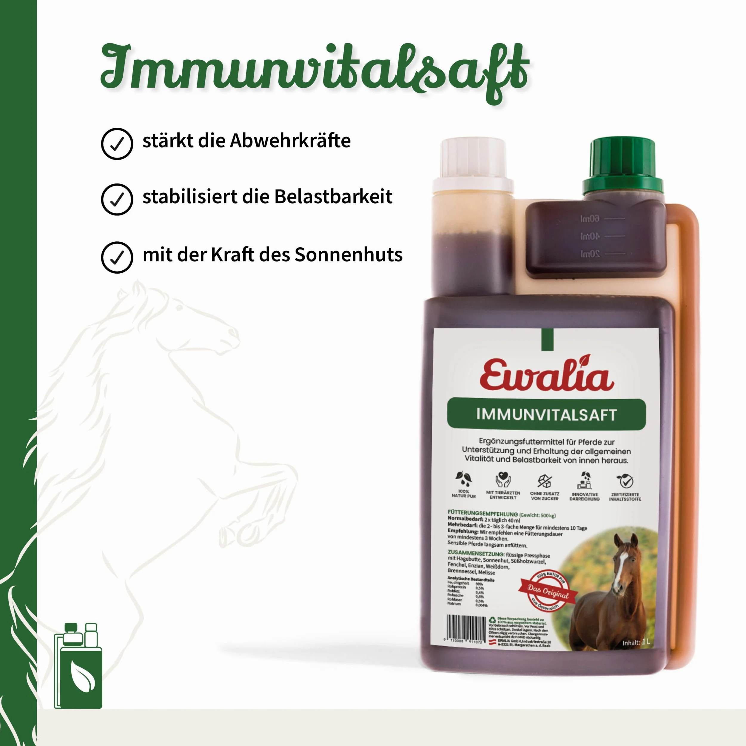 EWALIA Immunvital Zumo - Fortalecedor complementario para caballos, promover el bienestar general, soporte de vitalidad natural y resiliencia, 100% natural puro, 6 x 1 litro