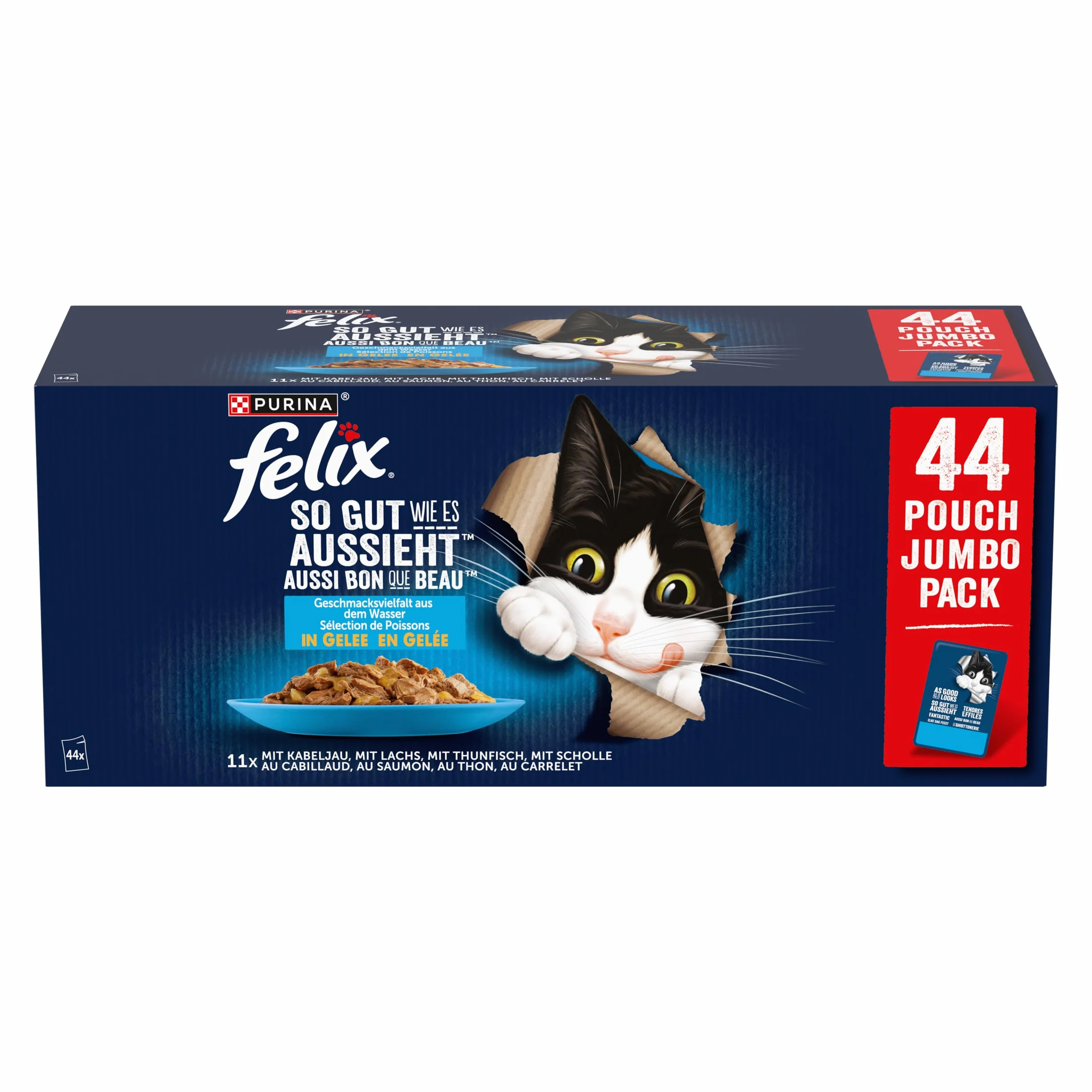 Felix Comida para Gatos húmeda en gelatina, Variedad de sabores del Agua, 44 Unidades (44 x 85 g)