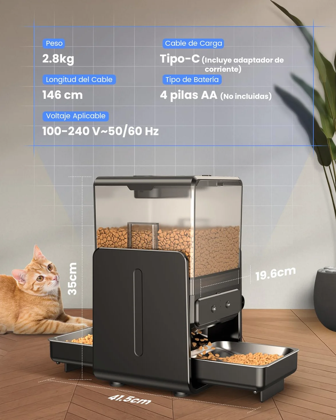 Comedero Gato Automatico con Control App para 2 Gatos, Altura Ajustable para Mascotas Pequeñas, Dispensador Comida Gatos de 5 litros para Alimento Seco, Grabadora de Voz