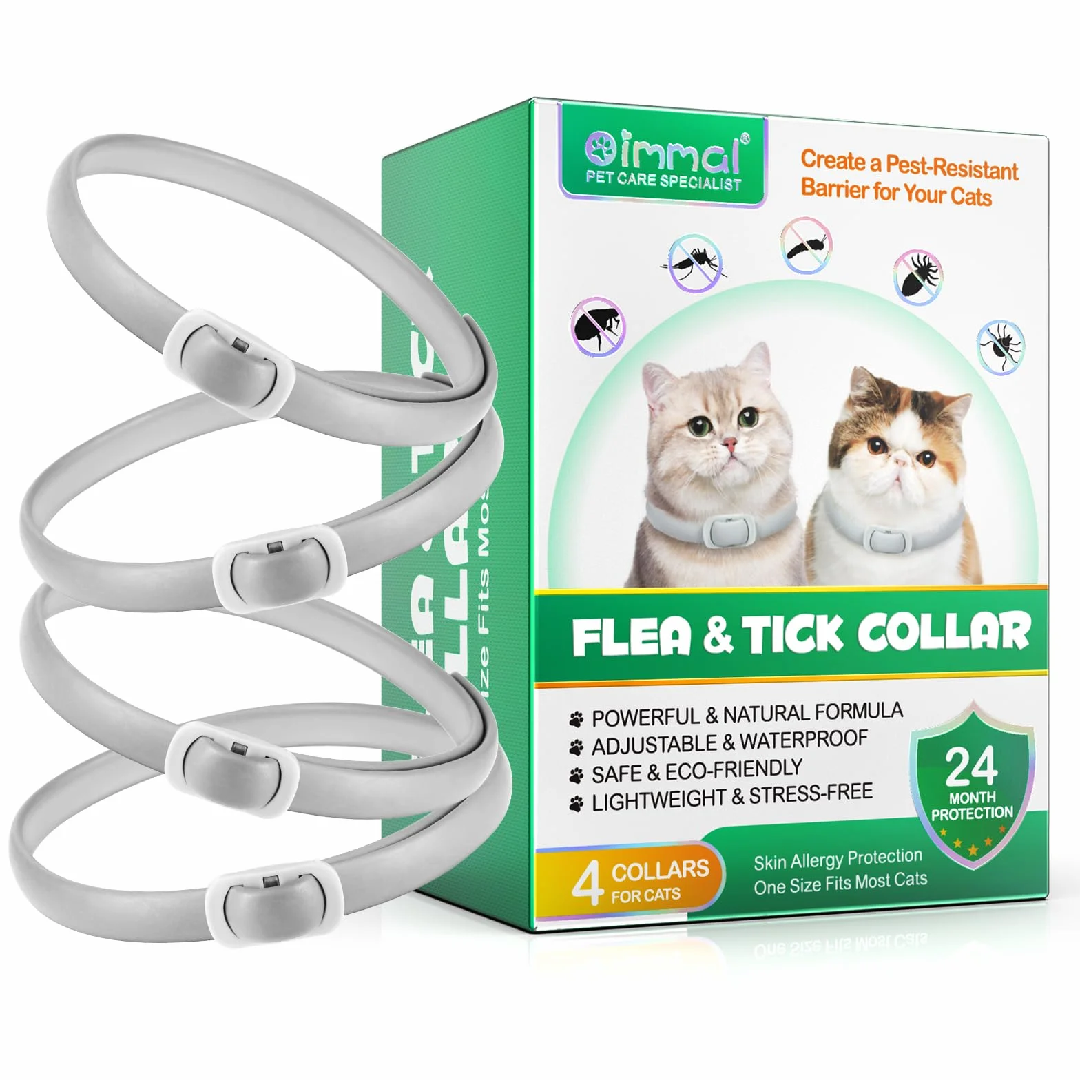 Collar De Gato, 4 Paquetes De Collar De Pulgas, Collar De Pulgas Y Collar De Garrapatas, Collar De Gato Impermeable Ajustable, Suave Y Cómodo, Protección Efectiva Durante 24 Meses