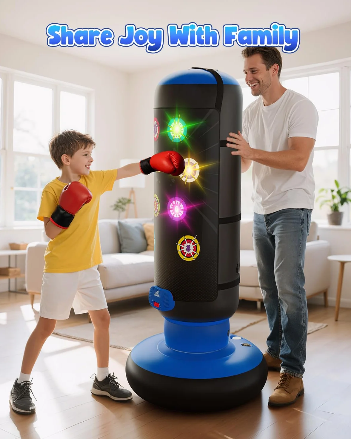 Saco de Boxeo para Niños con Música y Luz, Bolsa de Boxeo Inflable Interactiva, Guante de Boxeo Incluido, Azul