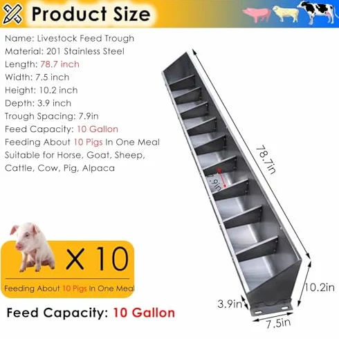 Juego de comedero y bebedero para ganado, comedero de heno colgante de acero inoxidable para caballos, cerdos, cabras y ganado, incluye accesorios, ideal para granjas y patios traseros