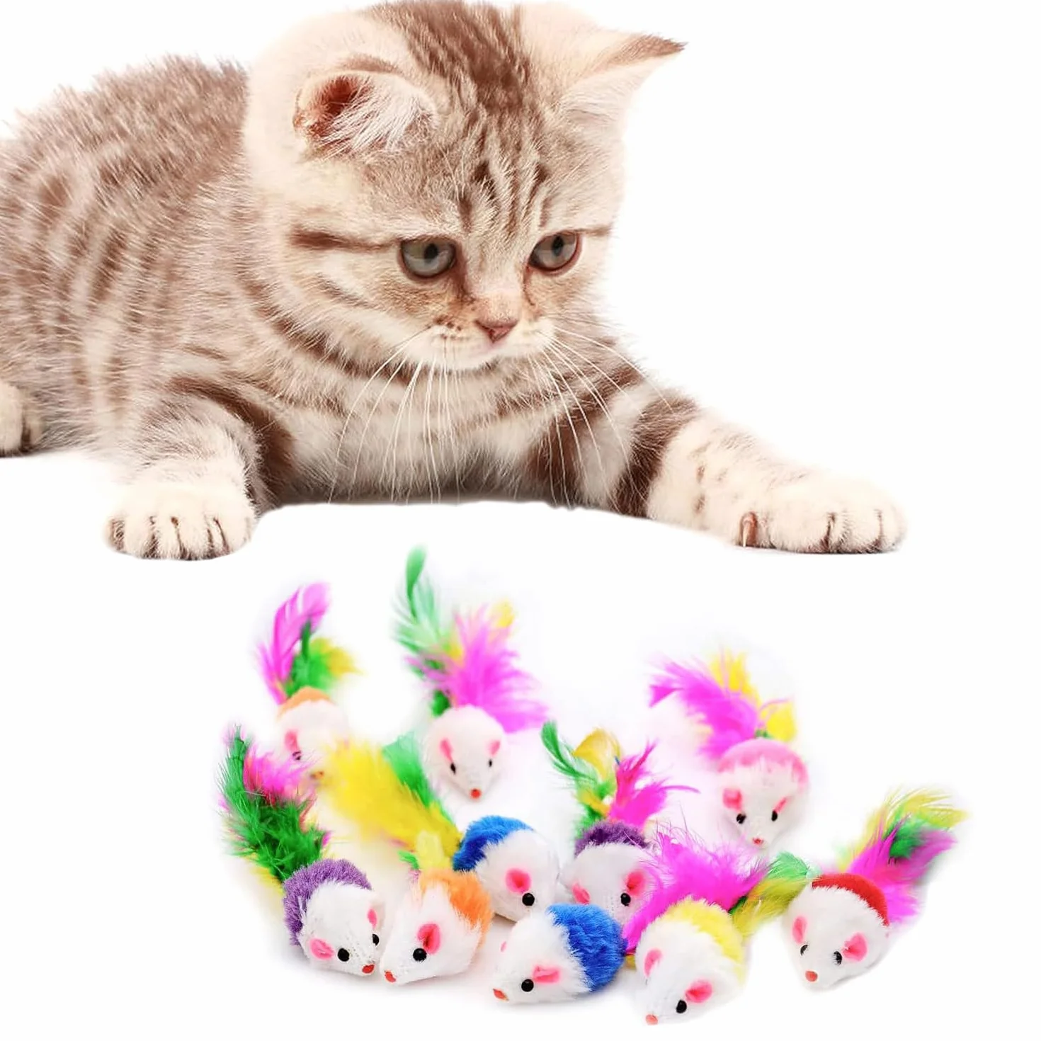 10 Piezas Interactivo Peludo Juguetes Gato Ratones para Gatos Ratón Sonajero Plumas para Gatos Mascota(Colores Variados)