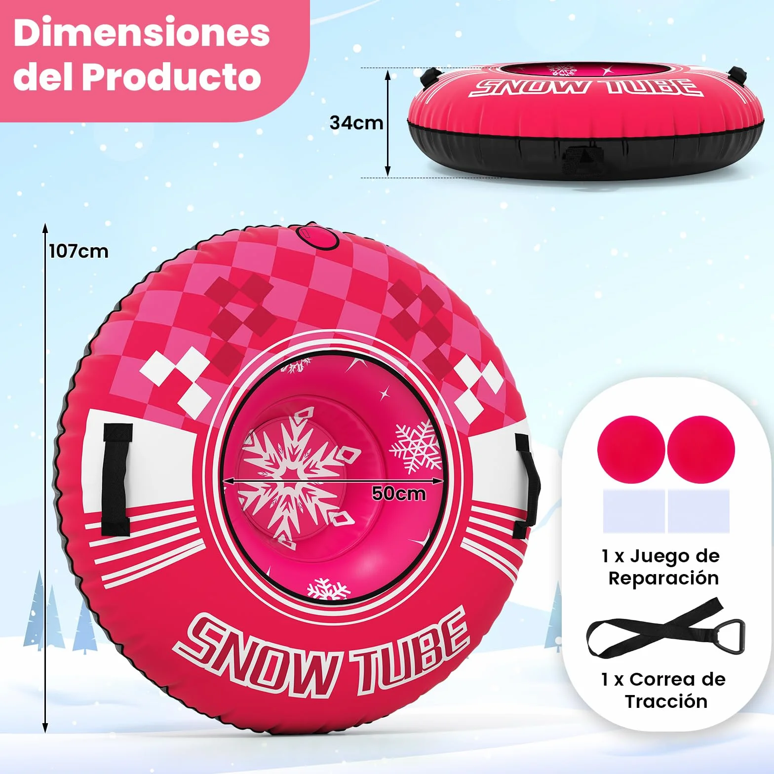 COSTWAY Trineo de Nieve Inflable 107 cm con Correa de Remolque Desmontable