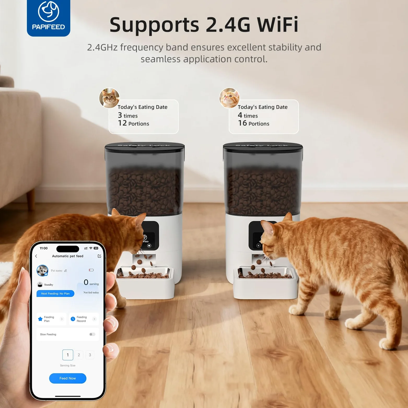 PAPIFEED Comedero automático para gatos con aplicación, dispensador de alimentos para gatos WiFi de 2.4 G, comedero para gatos con temporizador de 6 L para alimentos secos, 10 comidas/día, 12
