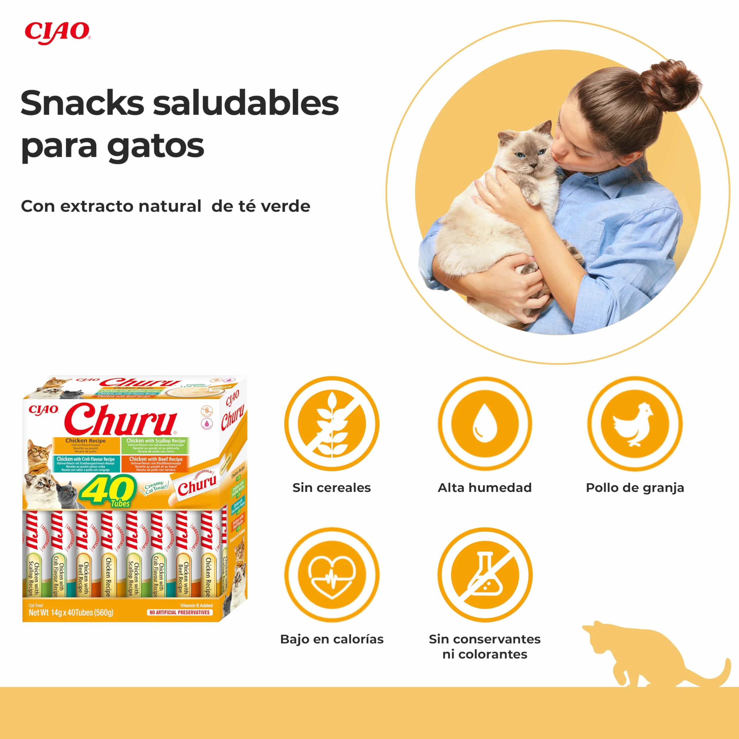 INABA Churu Gatos - 4 Recetas de Snacks Saludables a Base de Pollo - Deliciosos Premios con Textura Suave y Cremosa - Natural, Sin Cereales, Sin Conservantes, Sin Colorantes - 560g (40x14g)