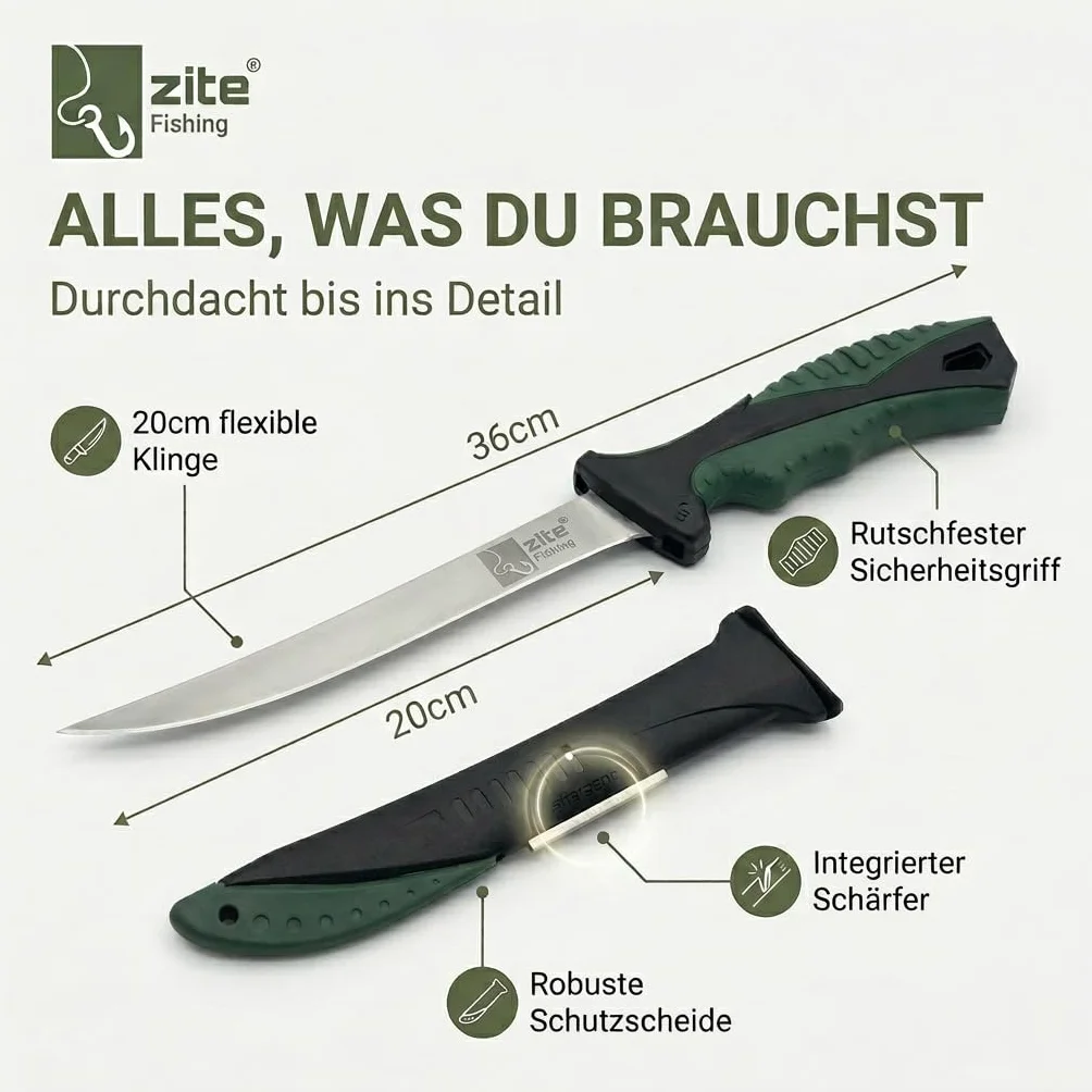 Zite Cuchillo para filetear Fishing 20 cm Hoja Afilada Mango Goma Antideslizante Funda Plástico