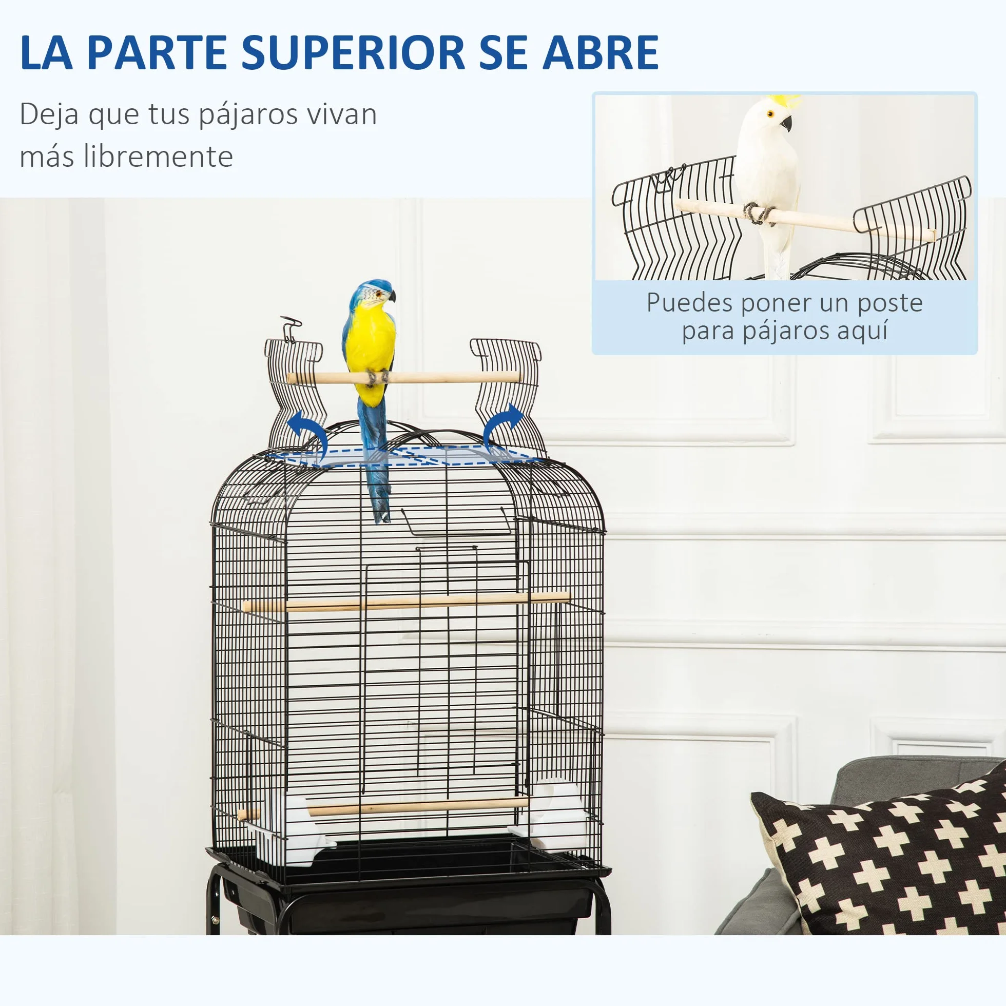 PawHut Jaula para Pájaros con Soporte Jaula de Aves Canarios con 4 Ruedas Techo Abrible 2 Comederos 3 Perchas Bandeja Extraíble y Estante Inferior 46x36x130 cm Negro