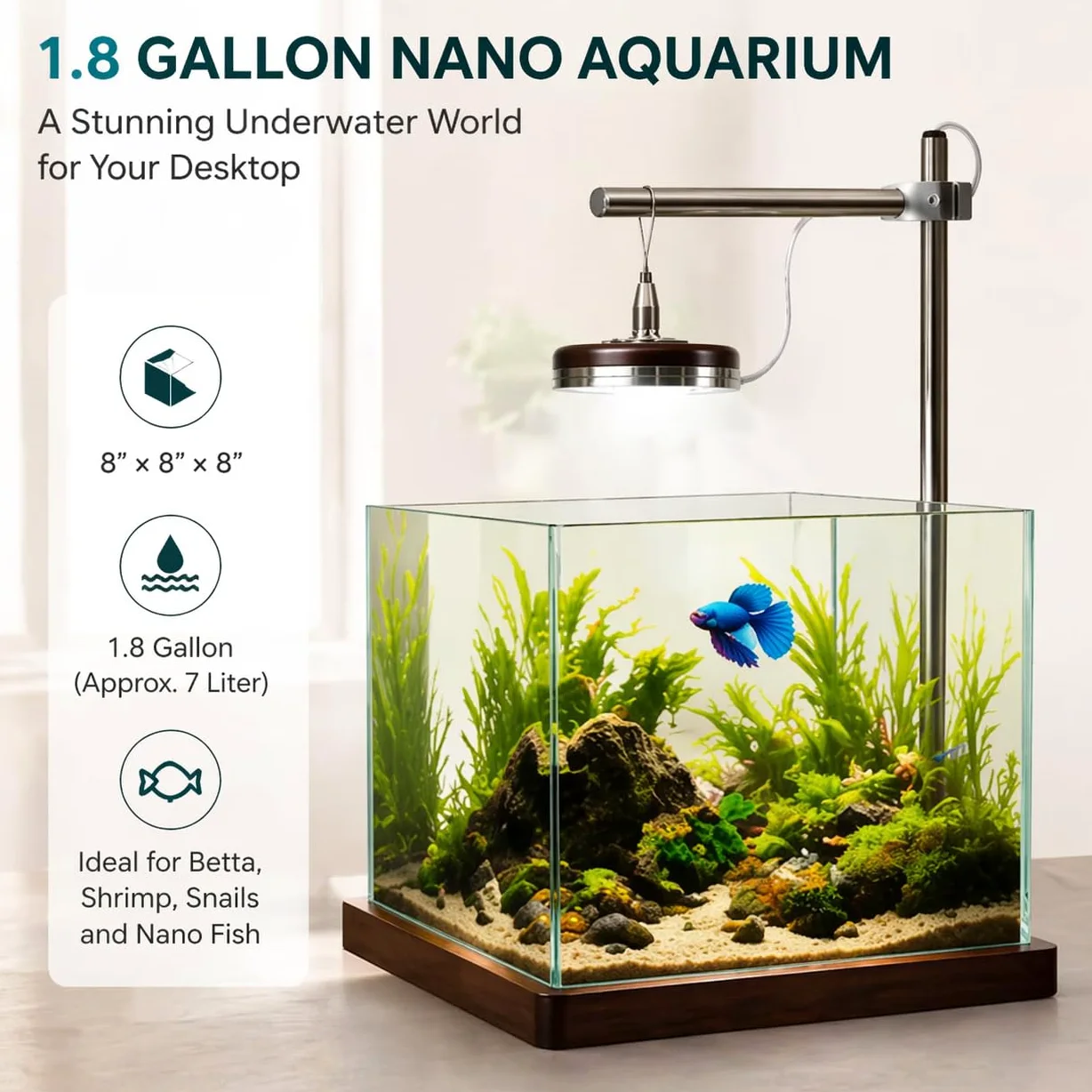 Tanque de peces pequeño de 1.8 galones con luz LED y soporte de madera, kit de inicio de nano acuario Betta de 8 pulgadas, incluye herramienta de limpieza, paño y alfombrilla para escritorio, oficina